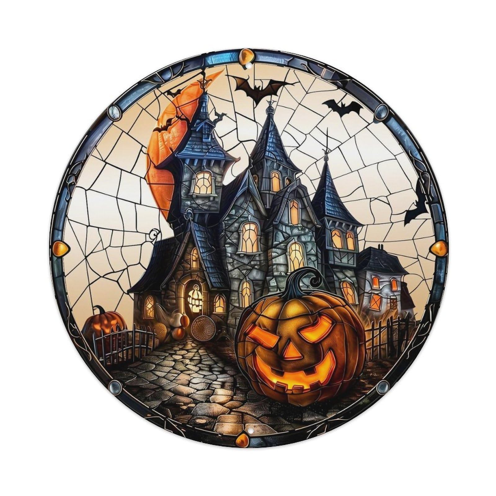 Haunted Castle Halloween Stained Glass Vintage Metal Tin Sign Retro Wall Decor for Home Bar Garage Cafe, Indoor & Outdoor Decorative，circle Metal Poster, 8x8 Inch