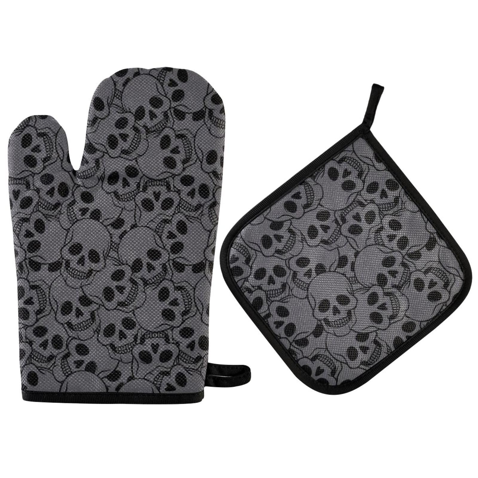 ZZXXB Skull Head Print Oven Mitts and Pot Holders Set of 2 Heat Resistant Non-Slip Kitchen Gloves for Cooking Baking Barbecue Grilling