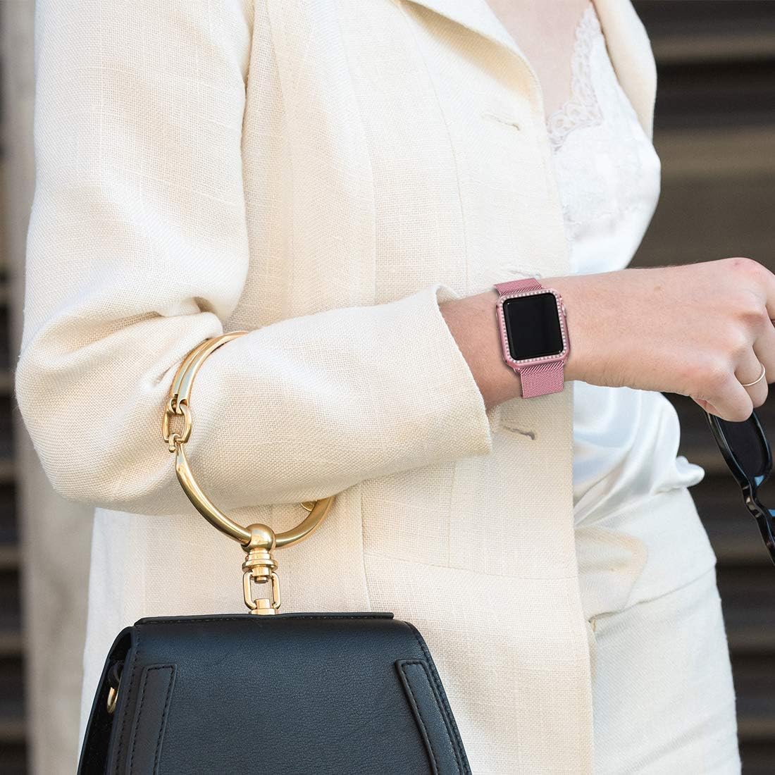 Mastten 38mm Case Cover Compatible with Apple Watch, Bling Diamond Bordered Protector Compatible with Series 3 2 1, Rose Pink