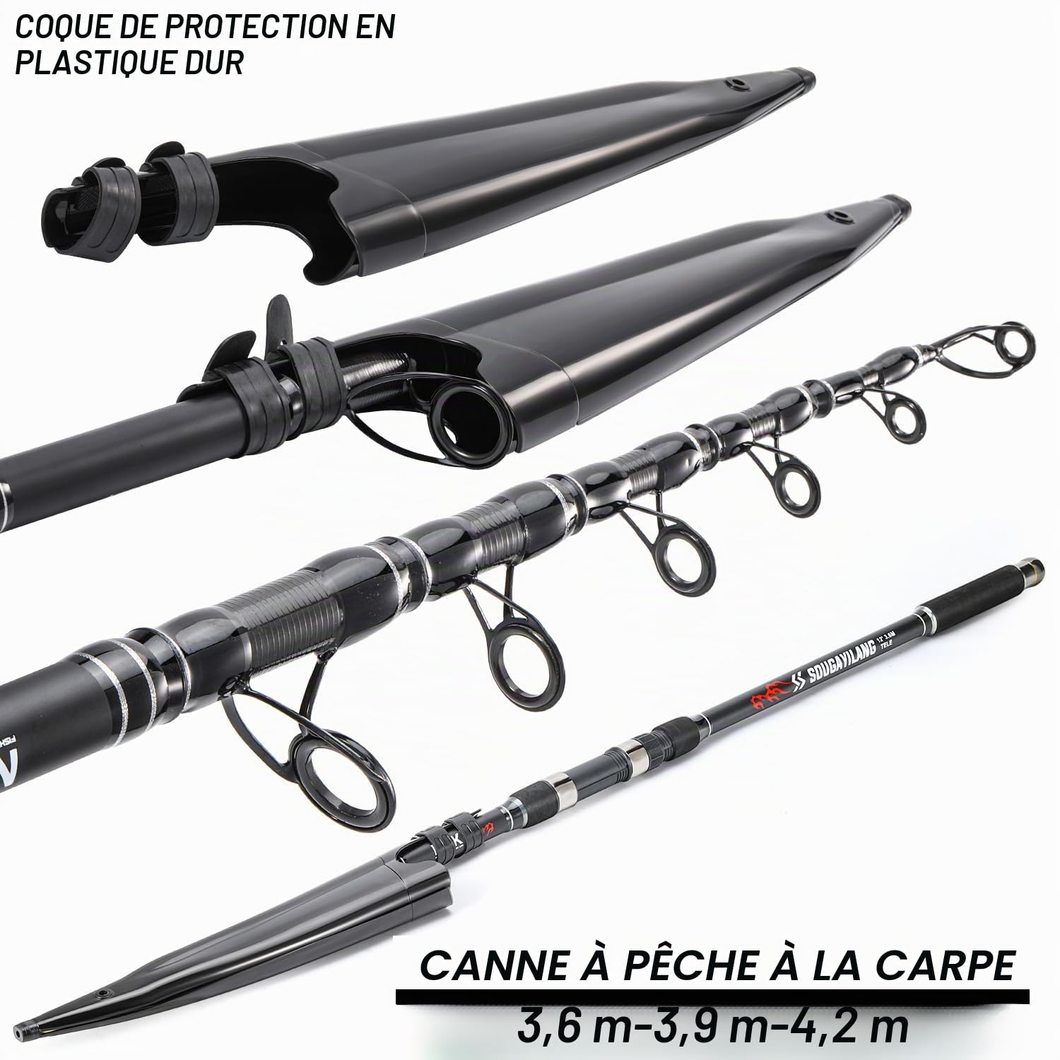 Sougayilang Canne à pêche télescopique en fibre de carbone 3,6 m 3,9 m 4,2 m