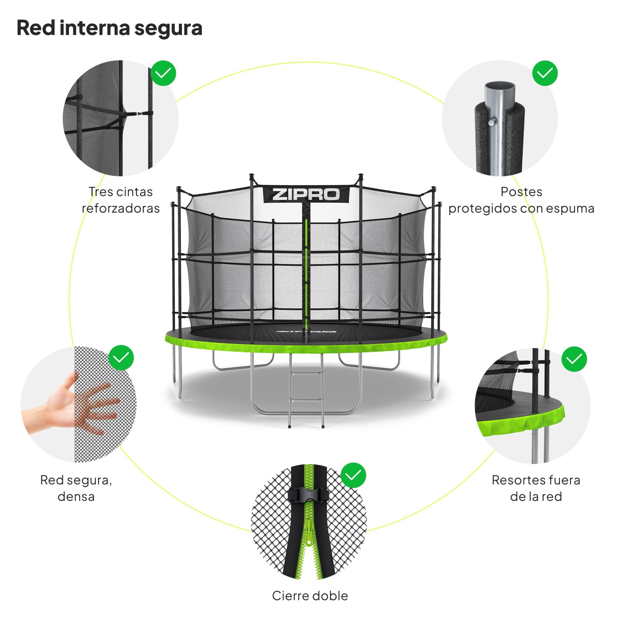 ZIPRO JumpPro IN Trampolín Exterior, Cama Elástica para Niños, con Red Interna, Resistente a la Intemperie, Protección UV, Montaje Fácil, Soporta 100-150 kg, Ø 183/252/312/374/435/496 cm