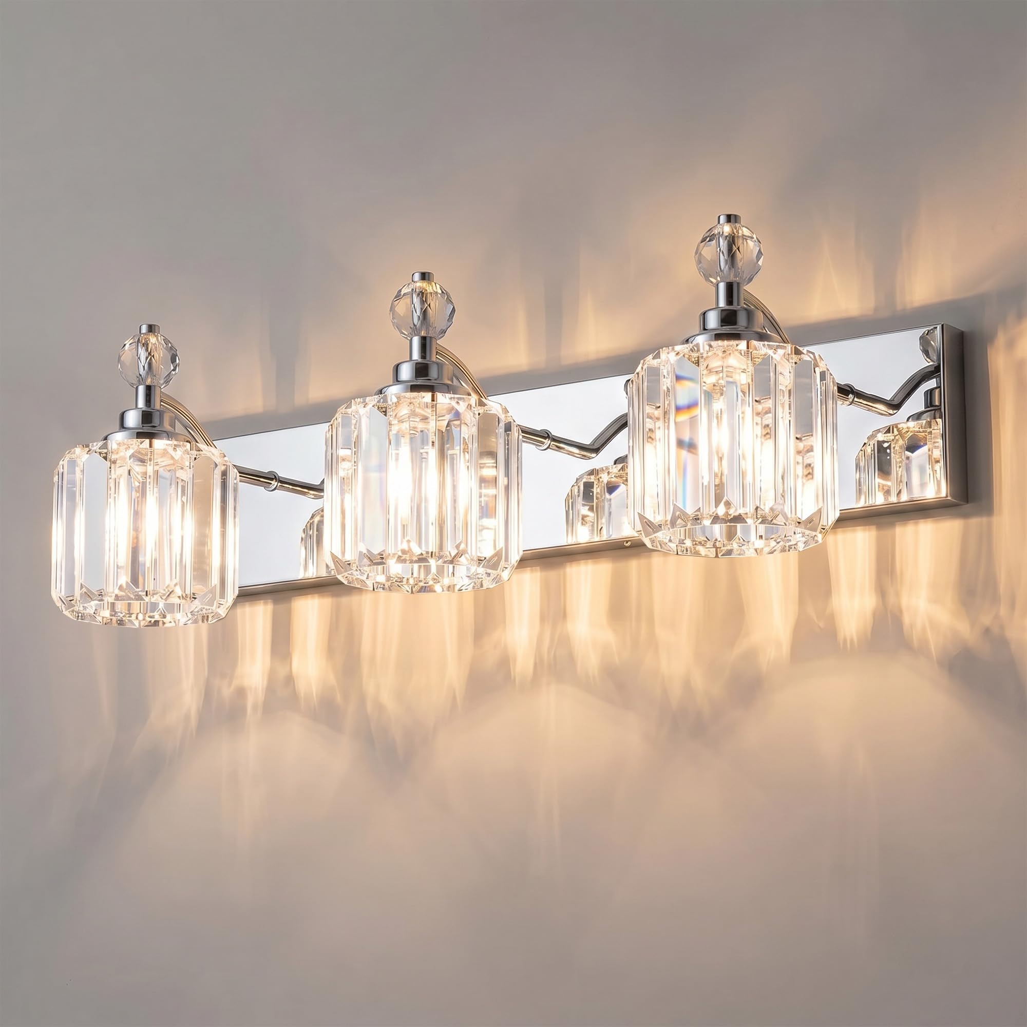 Photo 1 of Danshinro Chrome Light Fixtures, 3 Light Bathroom Vanity Light with 42pcs Crystal Sheet, 22in Modern Vanity Light, Bathroom Lighting Fixtures Over Mirror