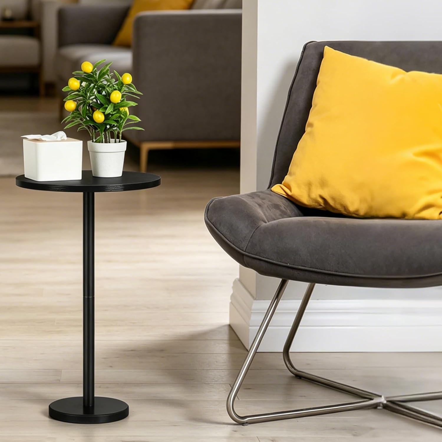Round Side Table Small Drink Table with Weighted Marble Base, Black