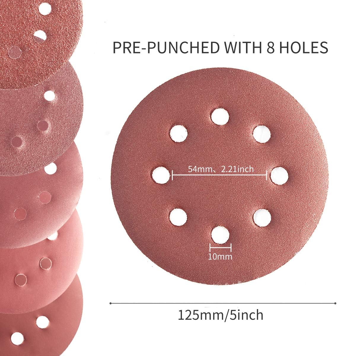 50Pcs 5 Inch 8 Hole Hook and Loop Sanding Disc 1000 Grit Flocking Sandpaper Random Orbital Sander Paper - - 