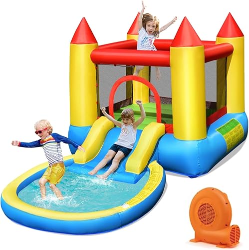 Costzon Casa inflable con tobogán acuático, pequeña casa inflable para niños, diversión en el patio trasero, combo húmedo y seco con soplador GFCI