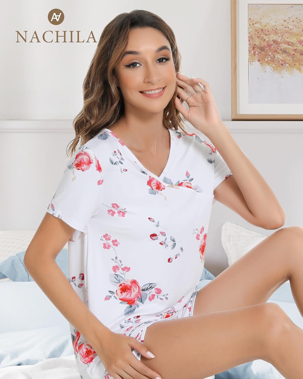 NACHILA Pajamas for Women-Viscose Made from Bamboo, Pjs Short Sleeve Sleepwear V Neck Loungewear Soft Pajama Sets - Image 2