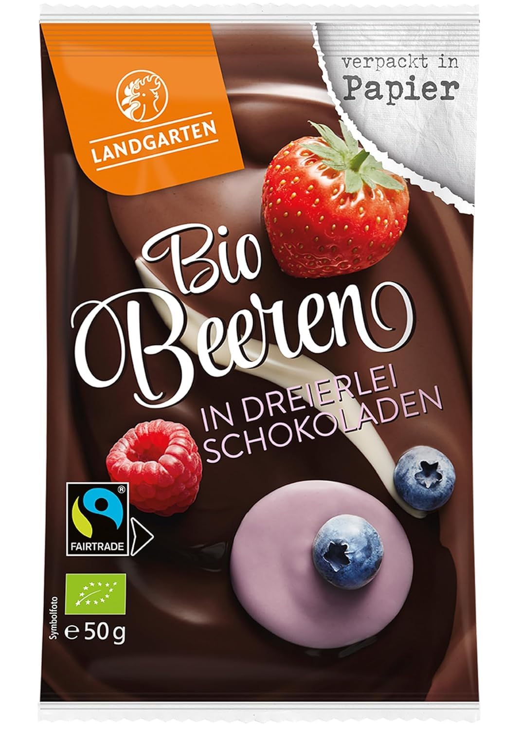 Landgarten Bio Beeren in dreierlei Schokoladen – 10x 50g | 100% Bio & Fairtrade – gefriergetrocknete Erdbeer-, Himbeer- und Heidelbeer-Stücke in weißer, Vollmilch- und Zartbitterschokolade