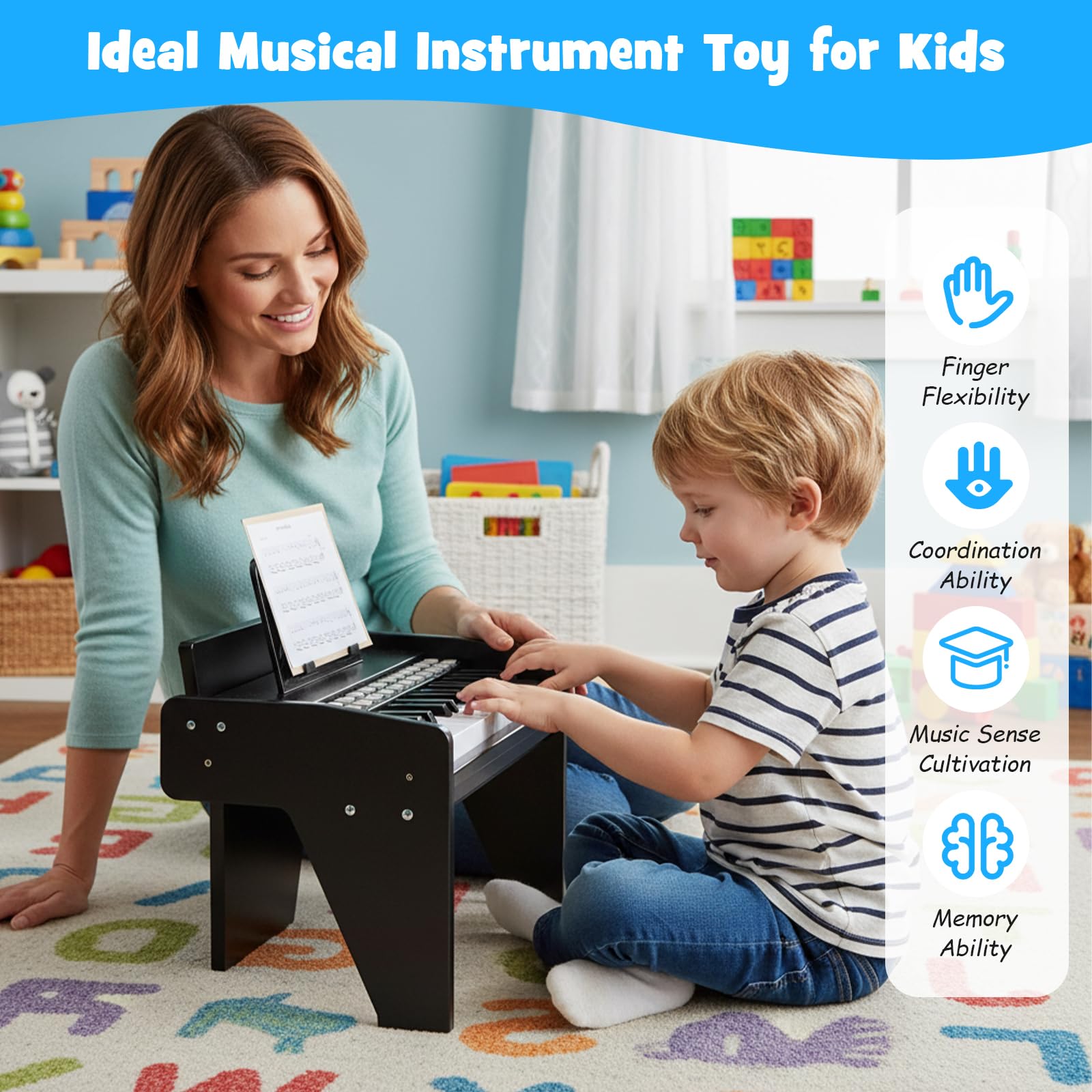 KOMFOTTEU Tastiera a 25 tasti per bambini, pianoforte elettronico con tasto luminoso e leggio, pianoforte digitale per bambini di 18+ mesi, registrazione e lettura, modalità di apprendimento (nero)
