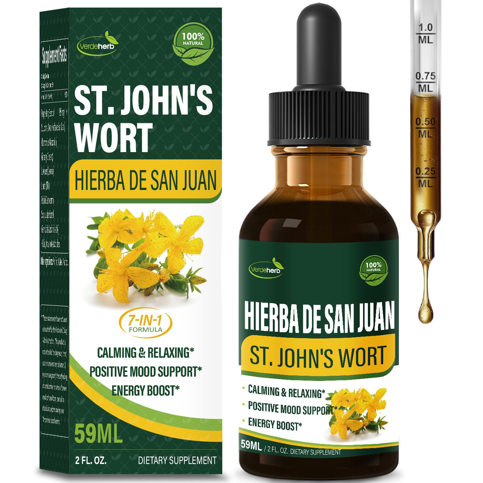 St John's Wort Herb (Hierba de San Juan) Drops for Mood Support, Calming & Relaxing, Energy Boost Supplement with Hypericum Perforatum Chamomile Ginseng Extract. Suplemento para Estres. 2oz