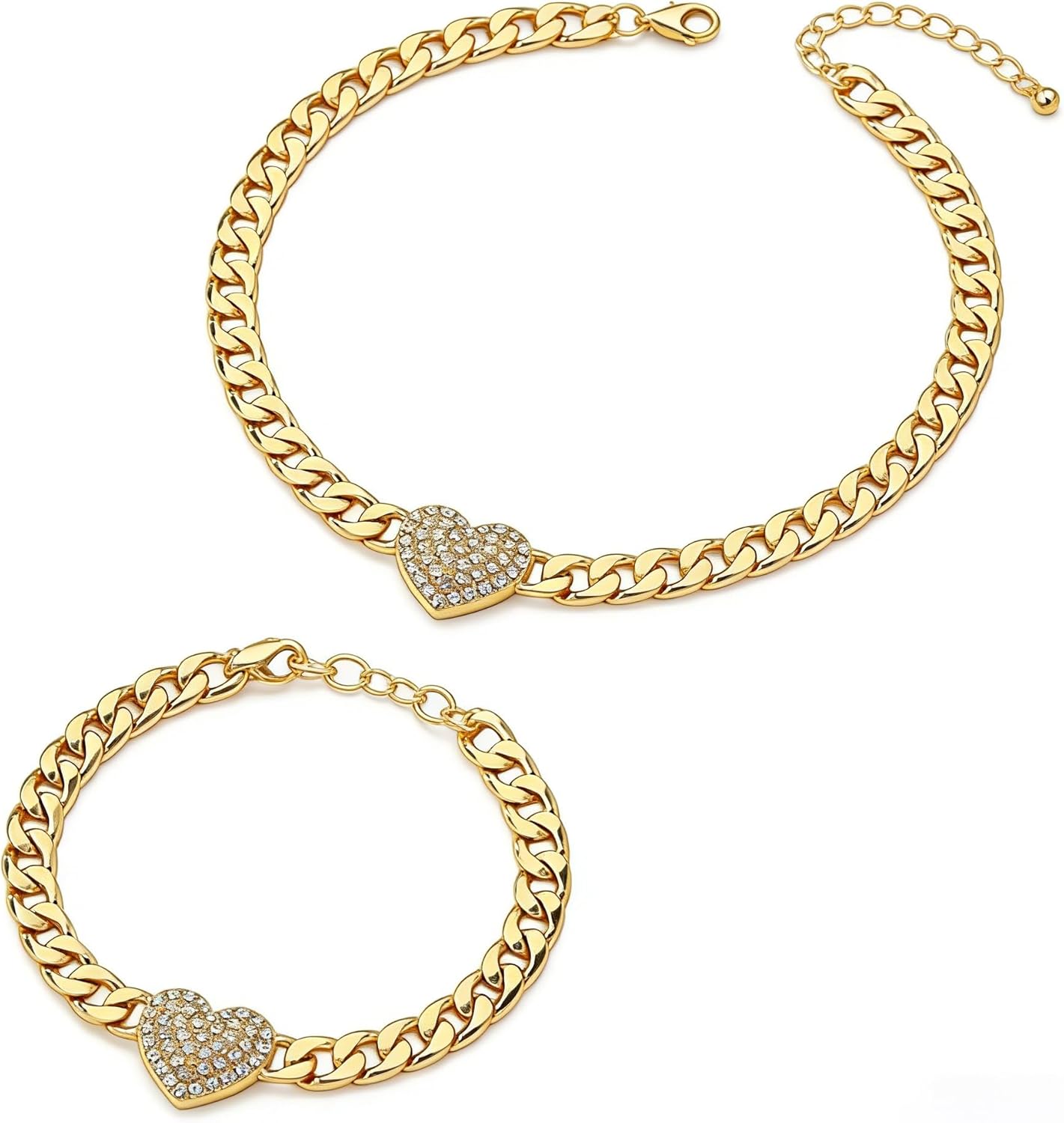 Crystal Heart Necklace Bracelets Set,Rhinestone Chunky Gold Heart Necklace Bracelet,Small Cubic Zirconia Love Choker Wedding Jewelry