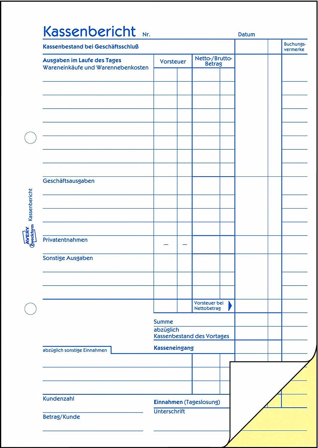 Avery Zweckform 317 Kassenbericht 8er Pack (A5, mit 1 Blatt Blaupapier, 2x50 Blatt) weiß/gelb