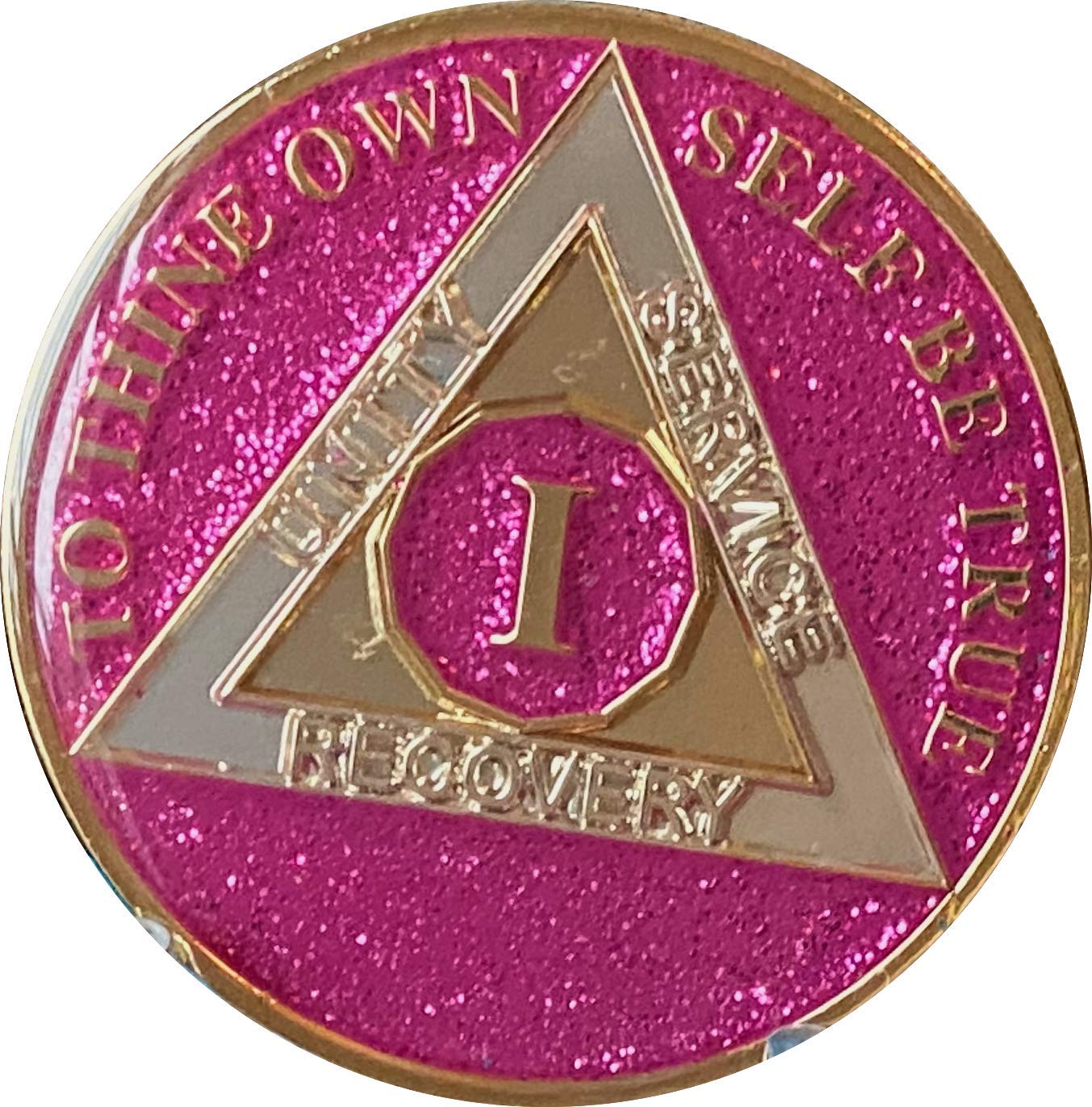 Ranger Industries1 Year AA Medallion Metallic Pink Fuchsia Glitter Sobriety Chip Fuschia