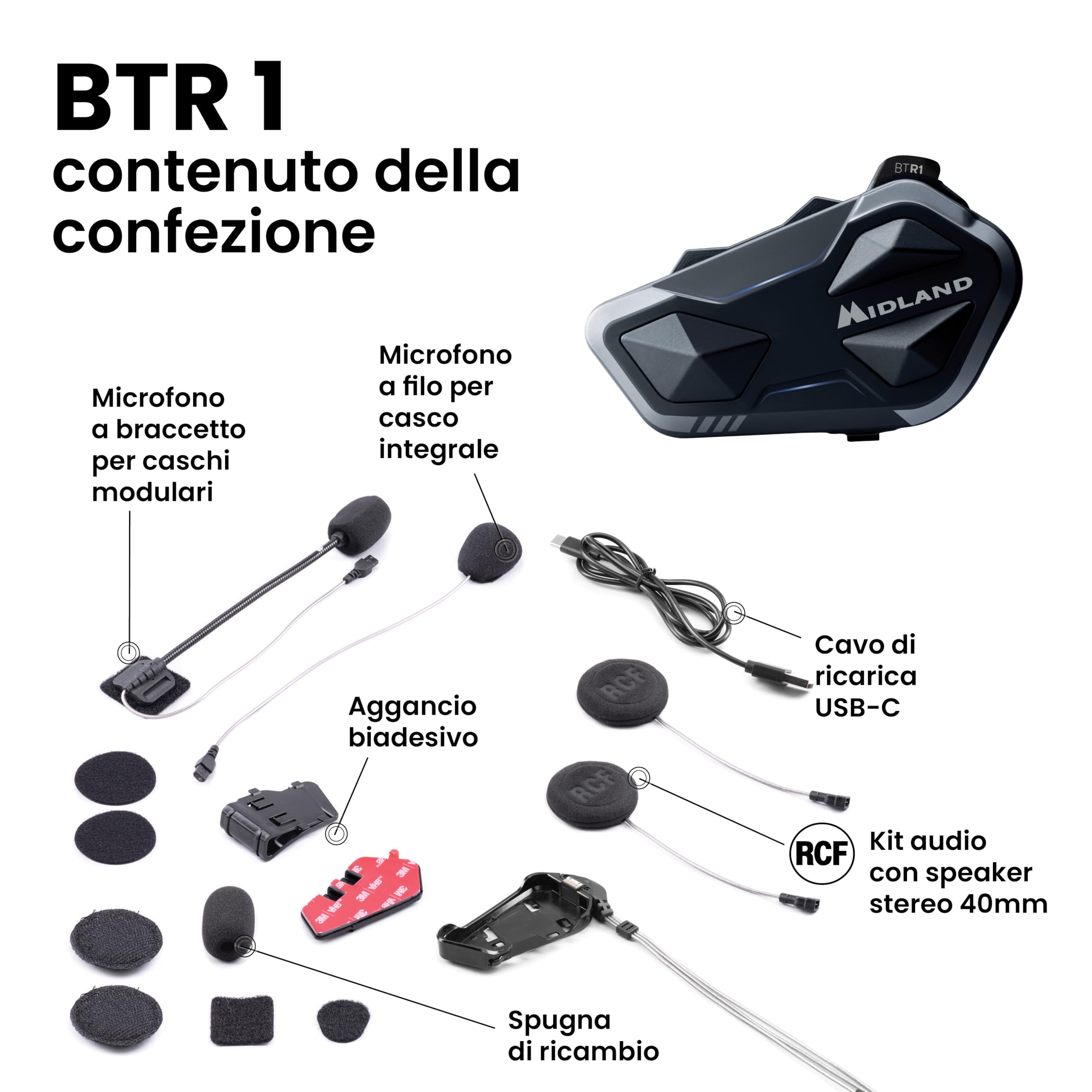 Midland - Interfono Moto Bluetooth Singolo BTR1, Auricolari Casco Moto Impermeabili IPX6, Portata 800m, 4 Persone Conference, Batteria 23H, Parallel Audio, Connessione GPS/Musica, Conforme ECE 22.06