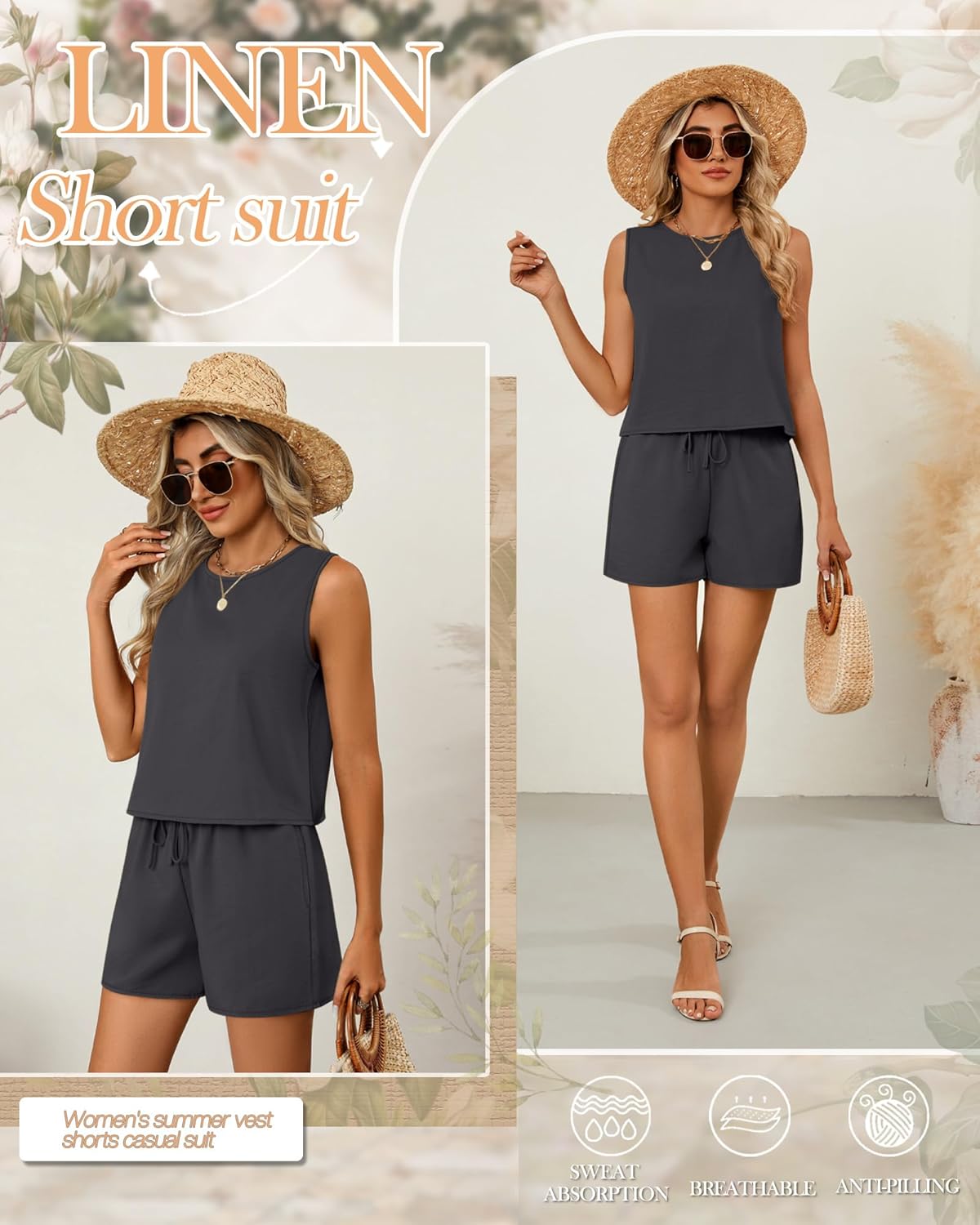 Ficerd Women's Summer 2 Piece Outfits Sets Cotton Linen Sleeveless Crop Top Tank and Drawstring Casual Shorts with Pocket - Image 4