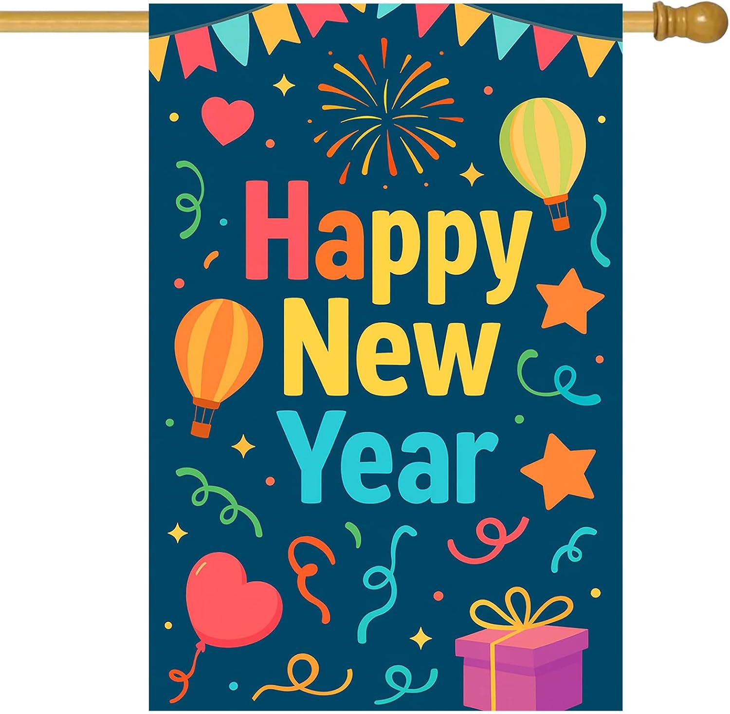 HOMETITUTE Happy New Year House Flag 28x40 Inch Double Sided Garden Flag Hot Air Balloon Gift Box and Confetti Design Winter Holiday Yard Banner Large Outdoor Flag for Porch Lawn Home Decoration