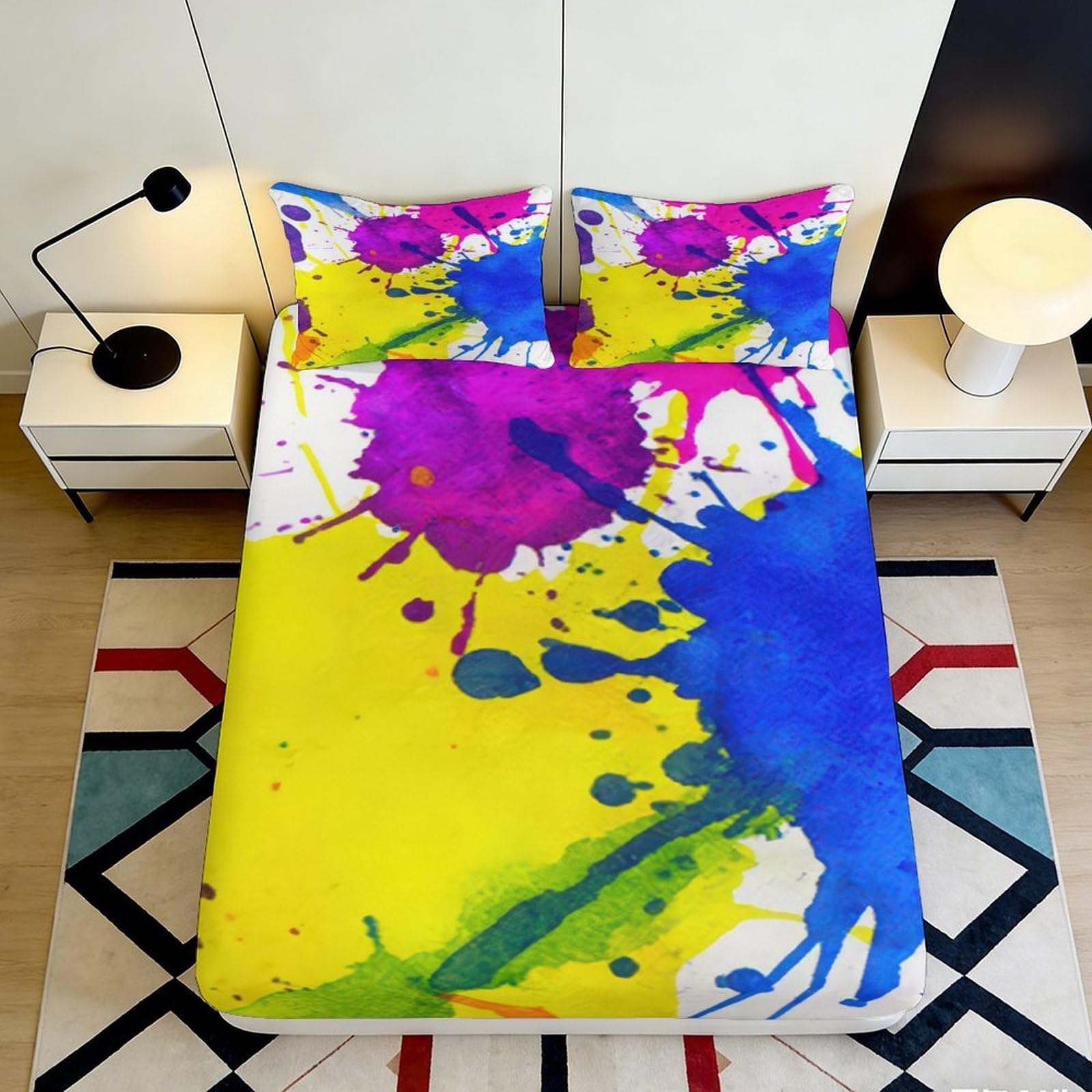 3D Printed Artistic Splash Fitted Sheet Microfiber Deep Pocket Elastic Hem Bedroom Bedding Splash Mattress Fitted Cover Washable 140x200x25cm