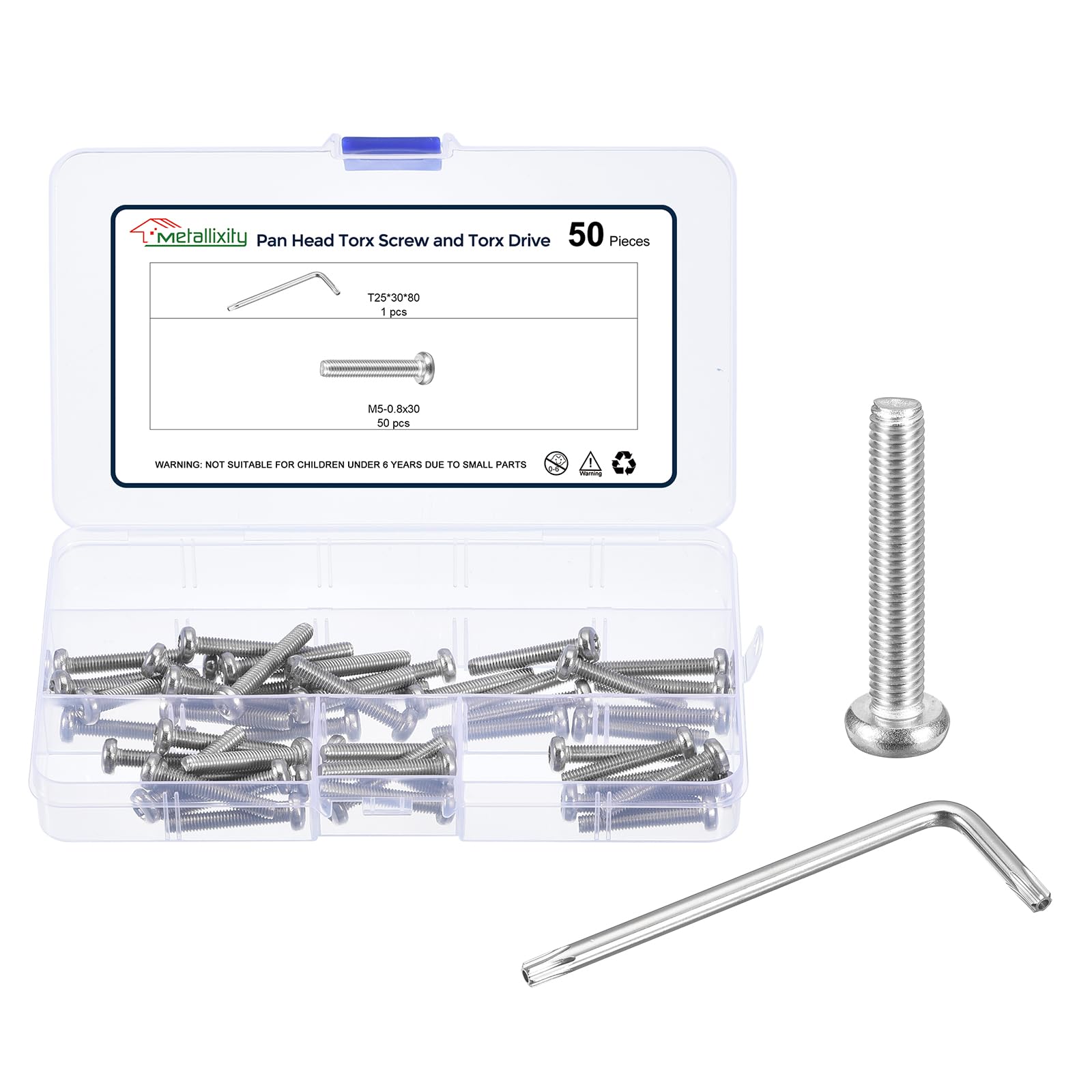 METALLIXITY Pan Head Torx Screws (M5-0.8x30mm) 50pcs with Wrench, Button Torx Head Machine Screws with One Bit