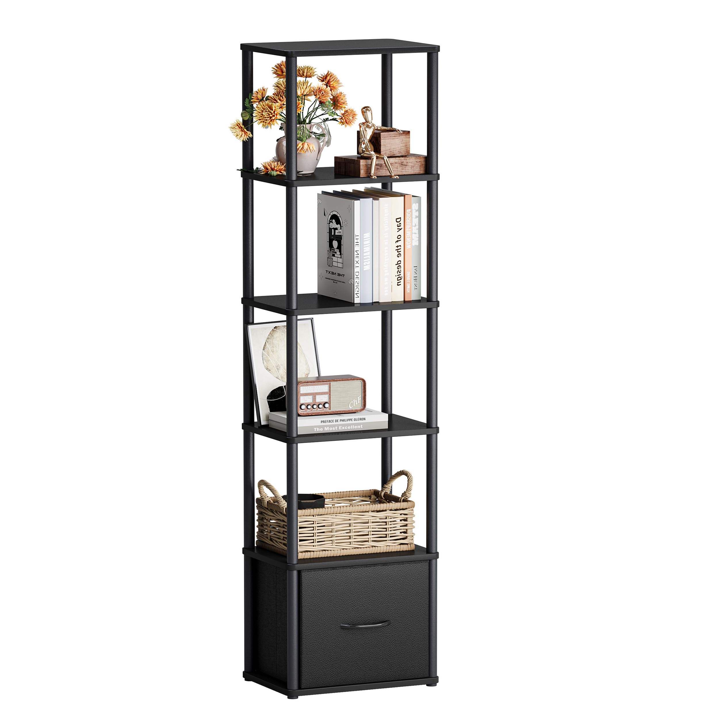 Libreria Angolare a 6 Ripiani Scaffale Salvaspazio Verticale con Struttura in Metallo e Legno Scaffale Libreria con 1 Cassetto per Soggiorno, Camera da Letto e Ufficio Nero HBC505B