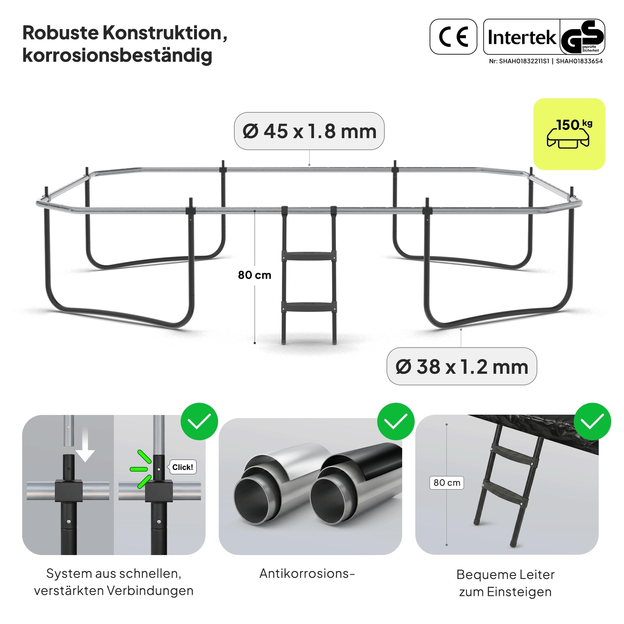 ZIPRO Trampolin Outdoor - Gartentrampolin Bodentrampolin Garten mit Trampolinnetz Trampolinmatte Trampolinleiter Netz Leiter 366/472 cm 12ft 14ft bis 150 kg Familientrampolin - Quadro