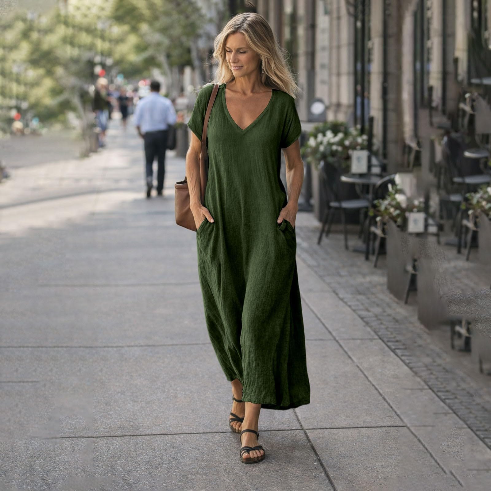 Robe Femme en Coton et Lin Ample à Col en V Manches Courtes Légère Ample Robes avec Poche Boheme Chic Longue Robe D'Été Pas Cher