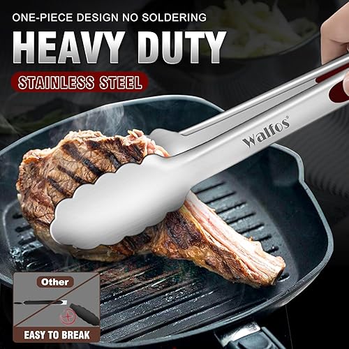 Miniatura 2 de Walfos Pinzas de cocina de acero inoxidable  Pinzas de metal de bloqueo resistentes de 7, 9 y 12 pulgadas para cocinar, asar a la parrilla, juego de