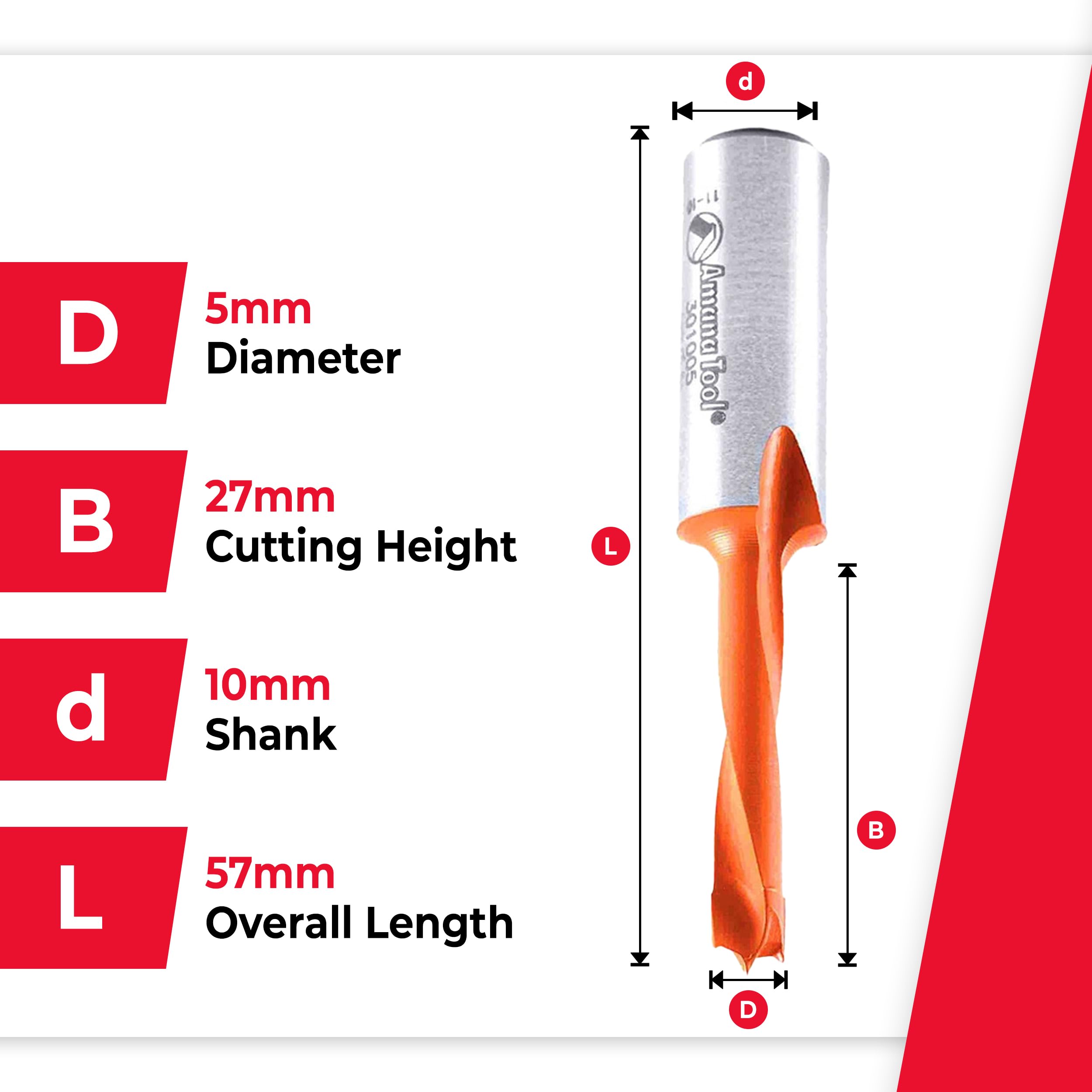 Amana Tool - 301005 Carbide Tipped Brad Pt. Boring Bit L/H 5mm Dia