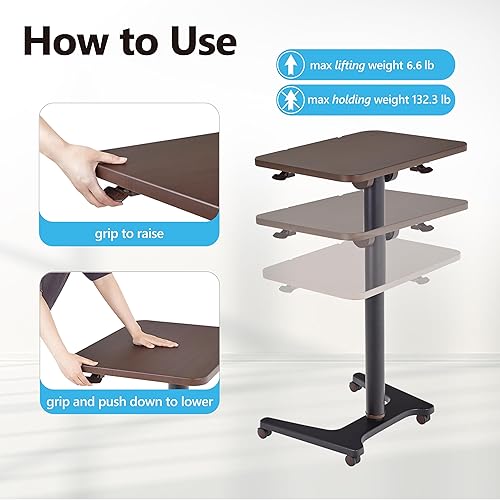 Miniatura 9 de Escritorio móvil de pie y sentado, escritorio neumático con ruedas ajustable en altura, pequeño, roble blanco