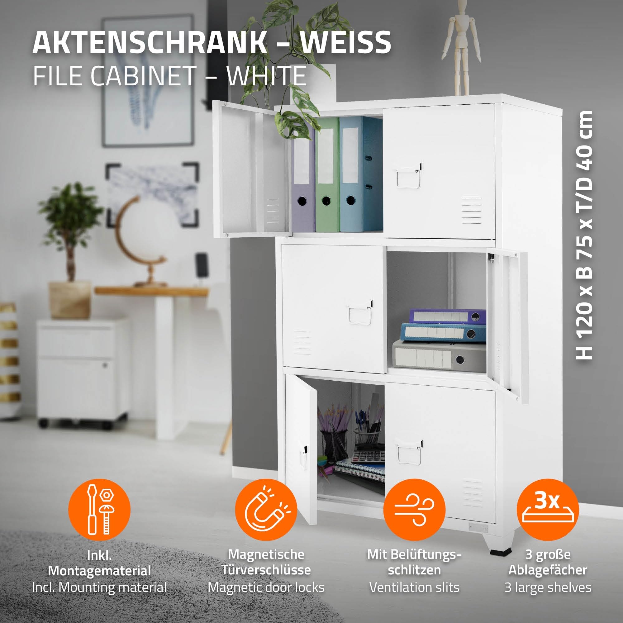 ML-Design Archivador de Oficina 75x40x120,5 cm Acero Blanco Armario Independiente con 4 Patas Mesita Auxiliar Metálica con 6 Puertas y 3 Compartimentos Mueble para Almacenamiento Archivo de Documentos