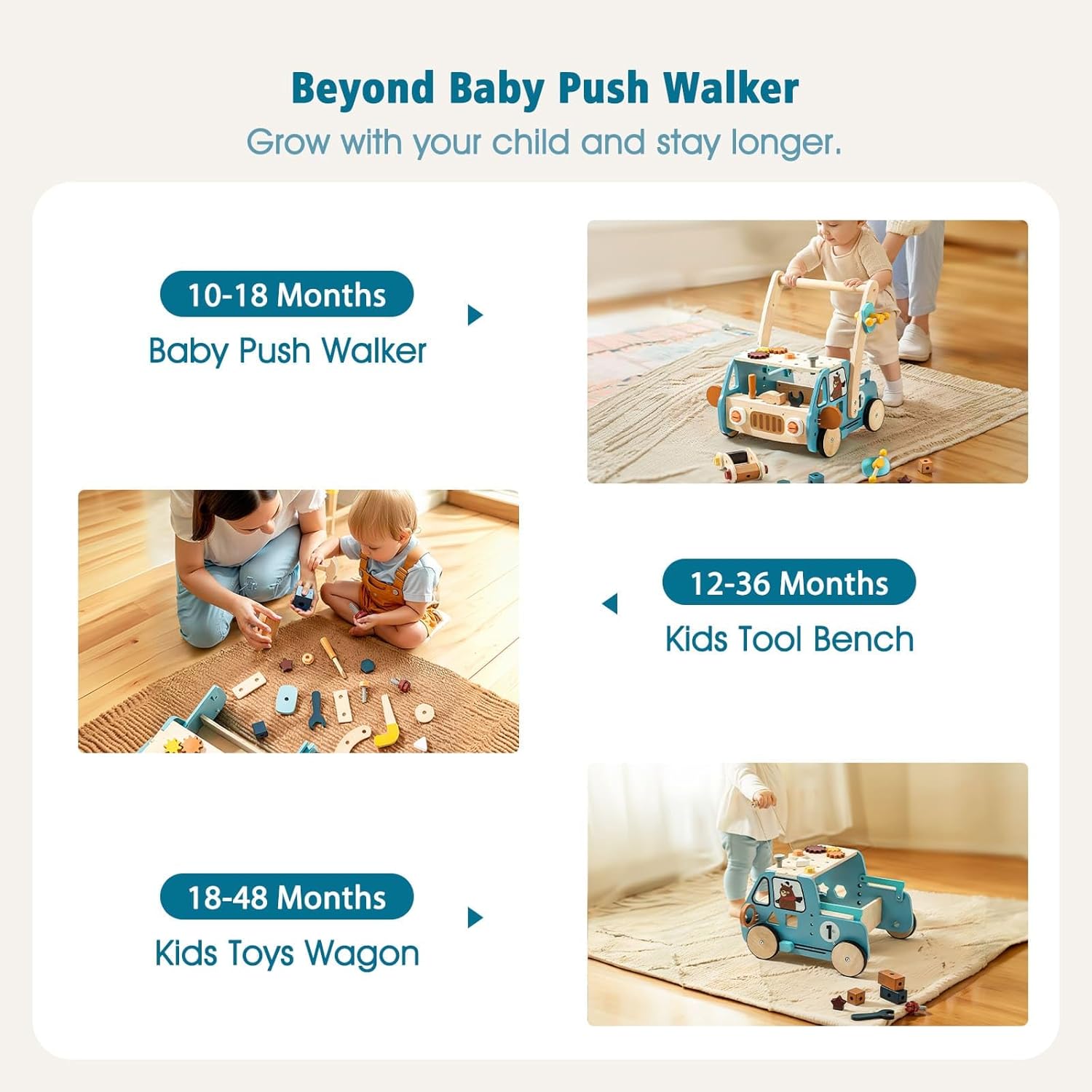 Wooden Baby Walker Adjustable Height with Tool Bench and Toy Storage Wagon - Multifunctional Toddler Push Walker Ergonomically Designed for Natural Walking - 3+ Years of Continuous Use