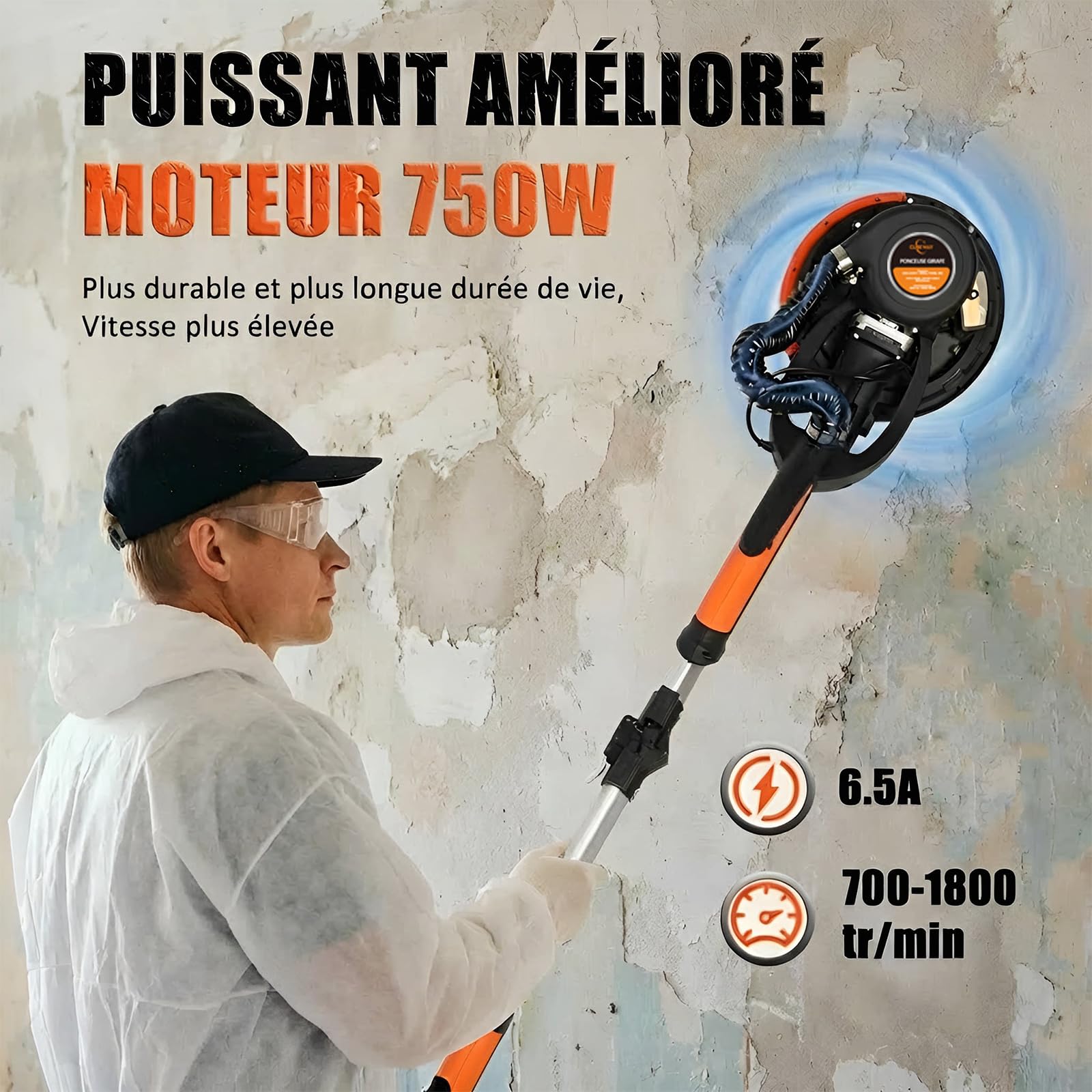 Ponceuse Girafe avec Système d'aspiration Automatique, 750W Professional Ponceuse Plaquiste, 7 vitesses(900-1800rpm),Ponceuse Murale Électrique Pliable, avec lumière LED