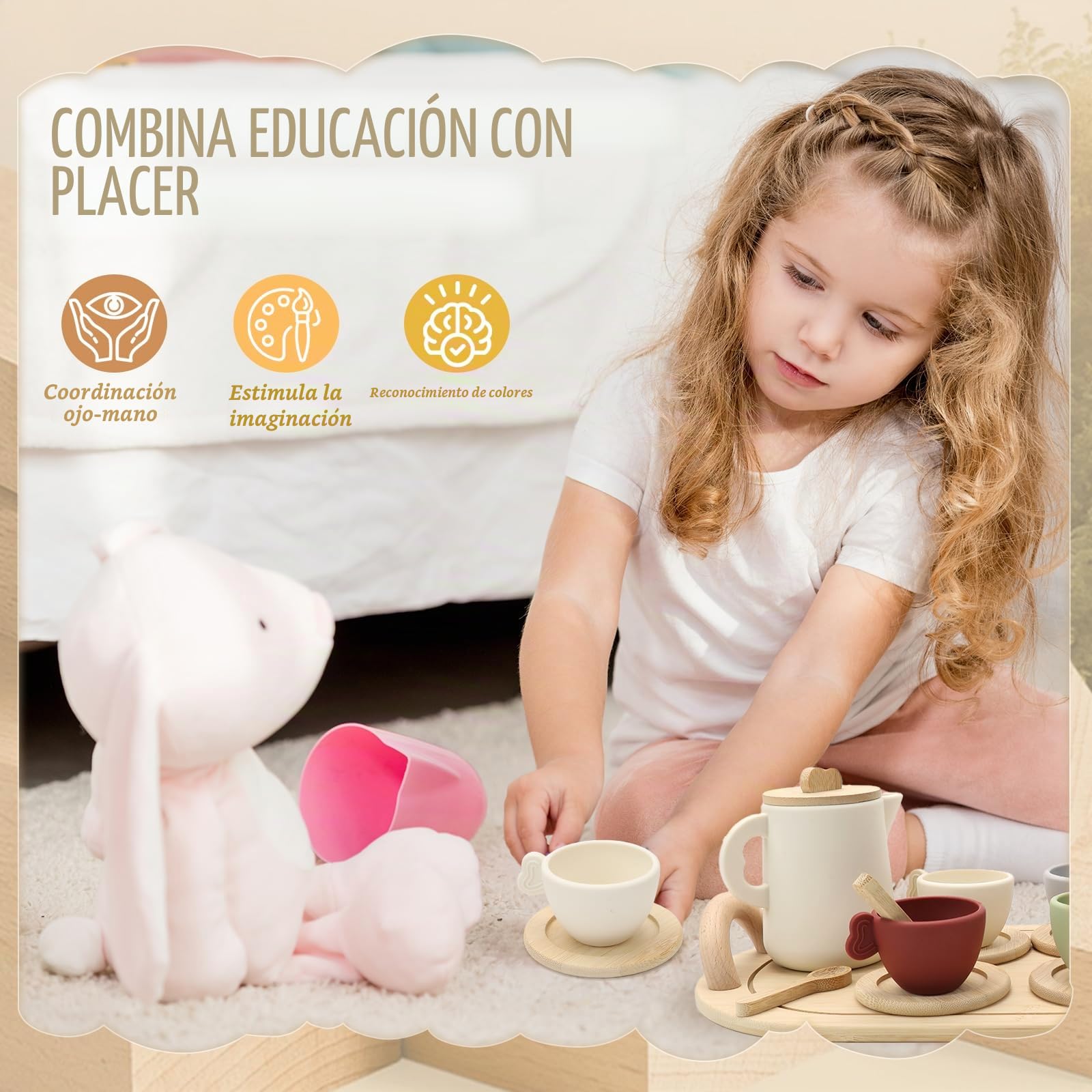 Juego de te Infantil 13 Piezas, Juego de té para niños de Madera, , Silicona, con Tazas, Tetera y platillos, Regalo para niñas y niños