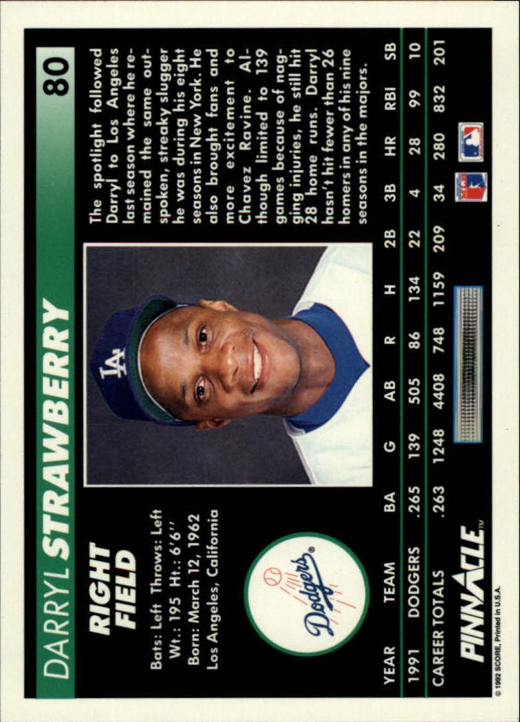 Amazon.com: 1992 Pinnacle Baseball Card #80 Darryl Strawberry