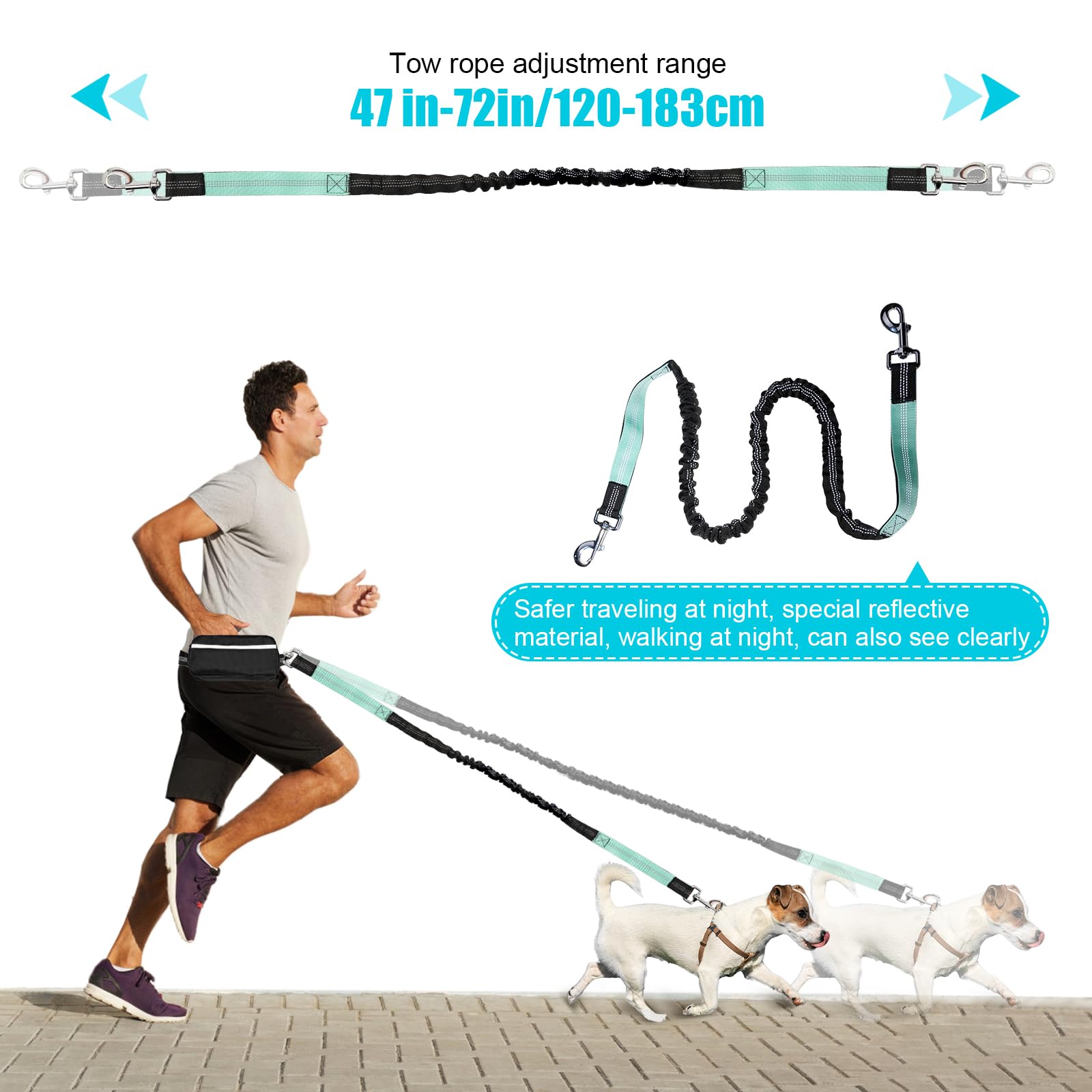 Correa de perro manos libres con cinturón de cintura, elástico retráctil reflectante con asas dobles acolchadas, correa ajustable para perro para correr, caminar, senderismo, trotar en