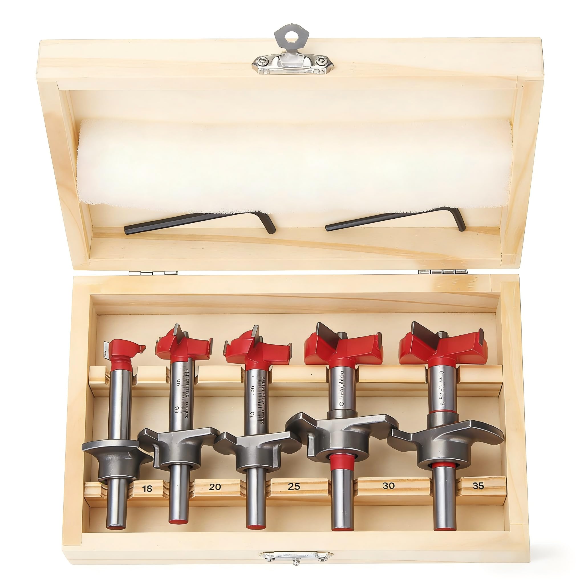 HPHOPE Forstner Bit Set 5Pcs, Adjustable Depth Stop Drill Bits 15/20/25/30/35mm, Carbide Tipped Woodworking Hole Saw, Depth Range 10-40mm for Wood Drilling & Cabinet Hinge Installation
