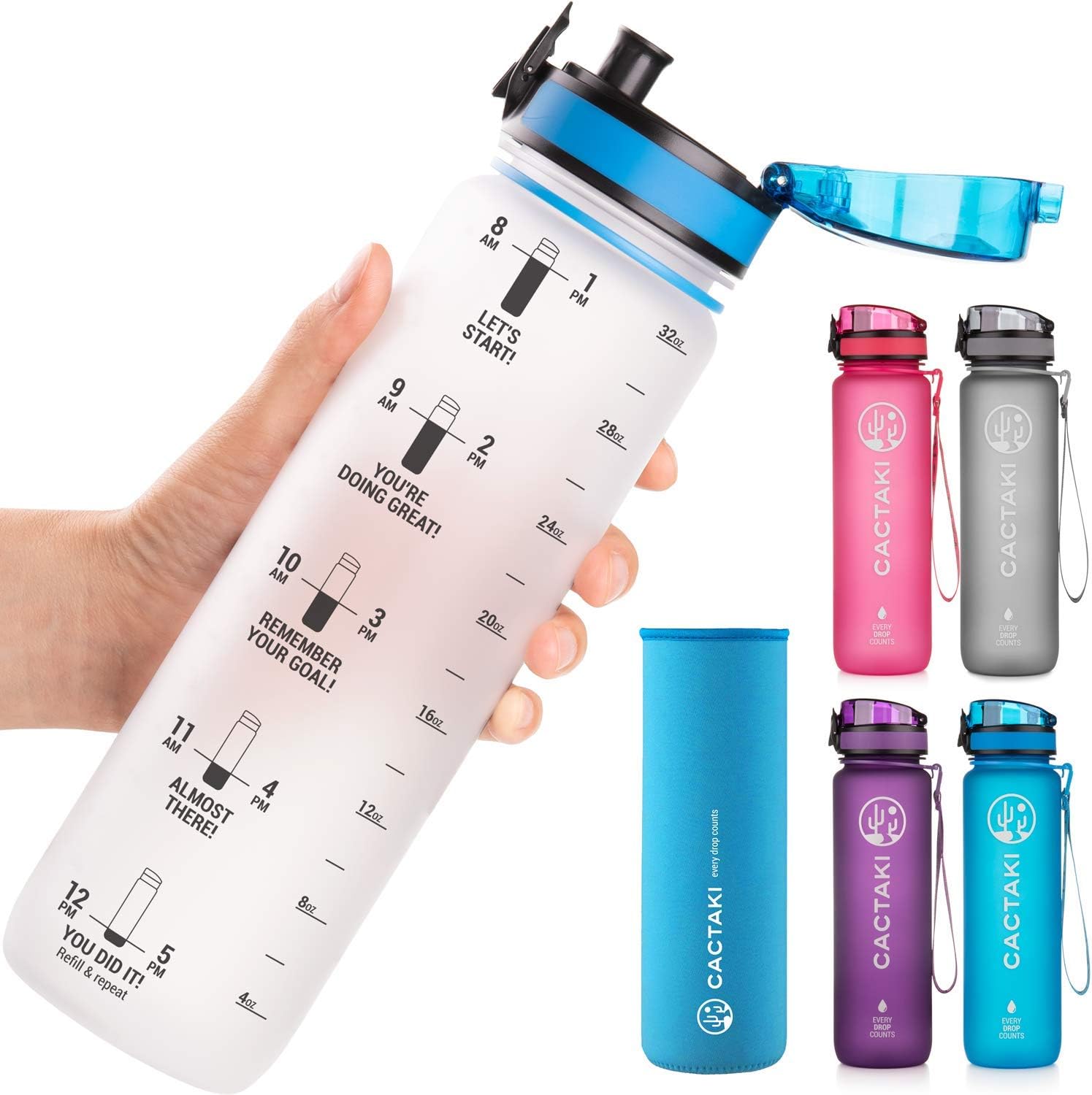 Cactaki 32 oz Water Bottle with Time Marker | BPA Free | Leak Proof | Measures How Much Water You Drink | Best Water Bottle to Stay Hydrated All Day
