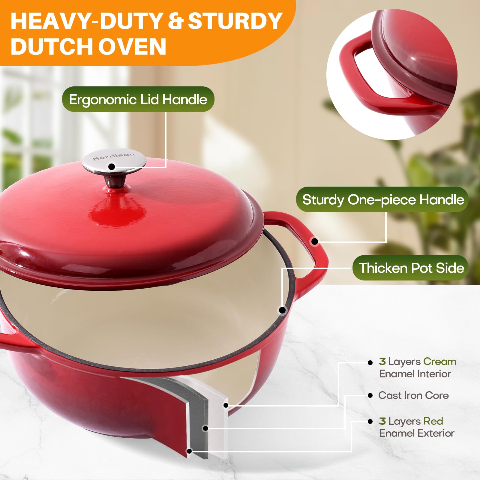 Naczynie Żaroodporne Kordisen Z Żeliwa Emaliowanego 28 cm/5.7L Z Pokrywką, Do Pieczenia Chleba Na Naturalnym Zakwasie, Bezpieczne W Piekarniku Do 260°C, Solidne I Przestronne, Czerwone