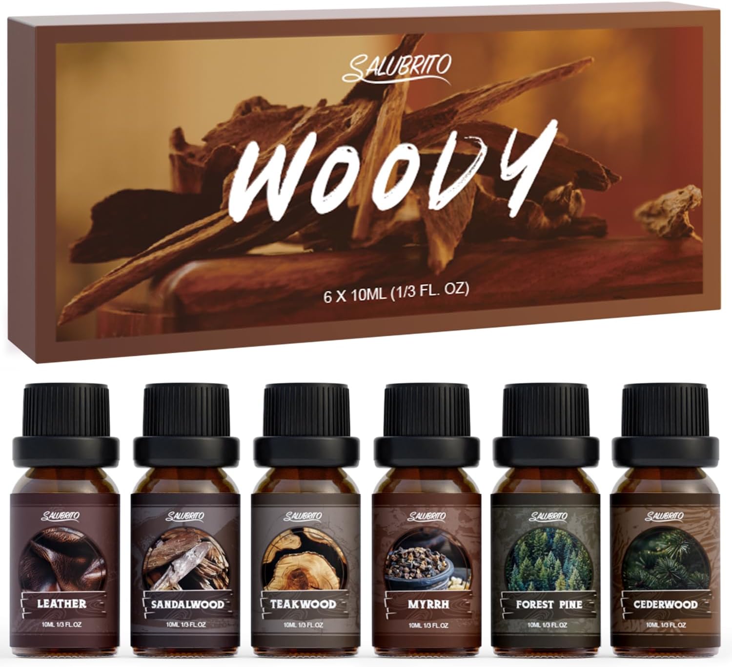 SALUBRITO Woody Fragrance Oils Set, Wood Essential Oil Set for Diffuse, Forest Pine, Sandalwood, Leather, Teakwood, Myrrh, Cedarwood Scented Oil for Candle, Soap Making