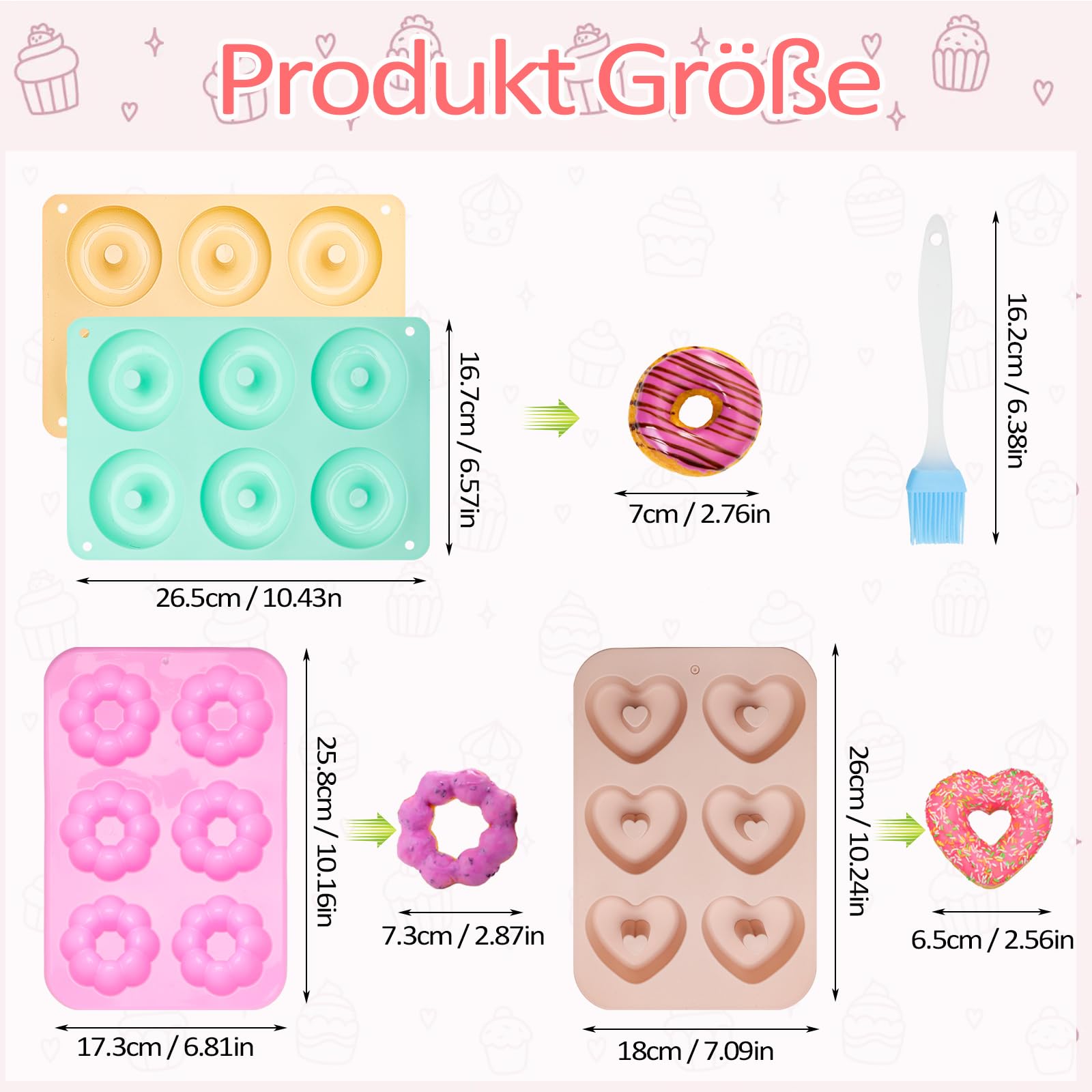 TNSLAND 4 sztuki silikonowych foremek do pieczenia donutów, 3 kolory, z pędzlem do oleju, nieprzywierające, do pieczenia ciast, bajgli, muffinek (okrągłe, kwiaty i serca)