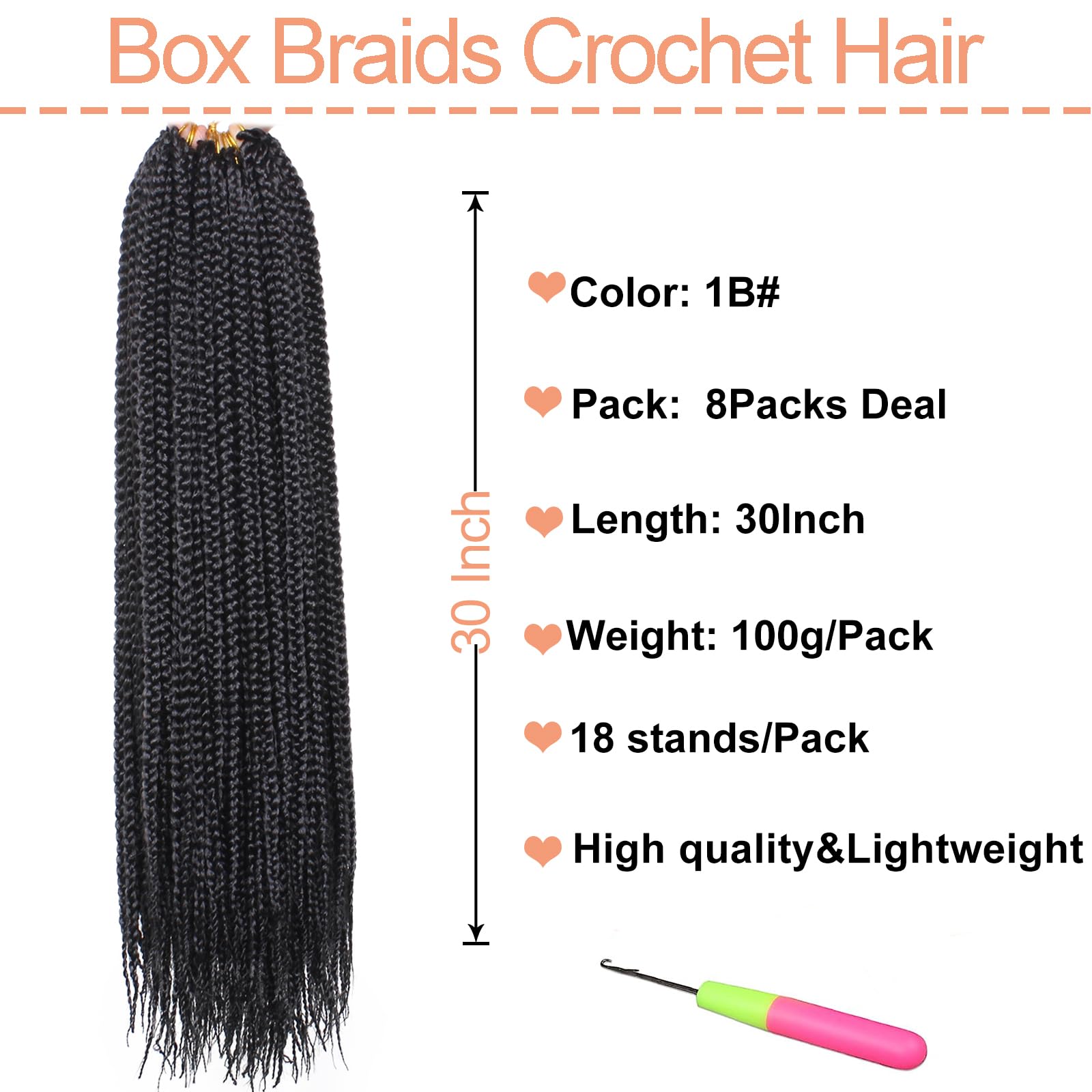 Mscat 8 Packs 30 Inch Box Braids Crochet Hair Pre-looped Knotless Medium 3X Braids 144 Strands Boho Braids Hair Extensions Long Box Braids Black Synthetic Crochet Hair for Women (1B#) - Image 2