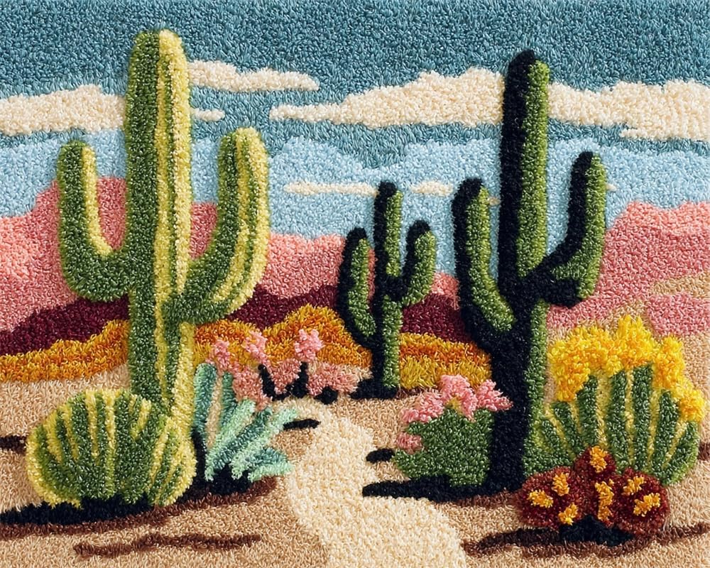 Kitquiver Rug Kits for Adults Latch Hook Pre Printed Cactus Desert DIY Crochet Yarn Embroidery Handmade Needlework with Printed Canvas for Home Decoration 39X55In