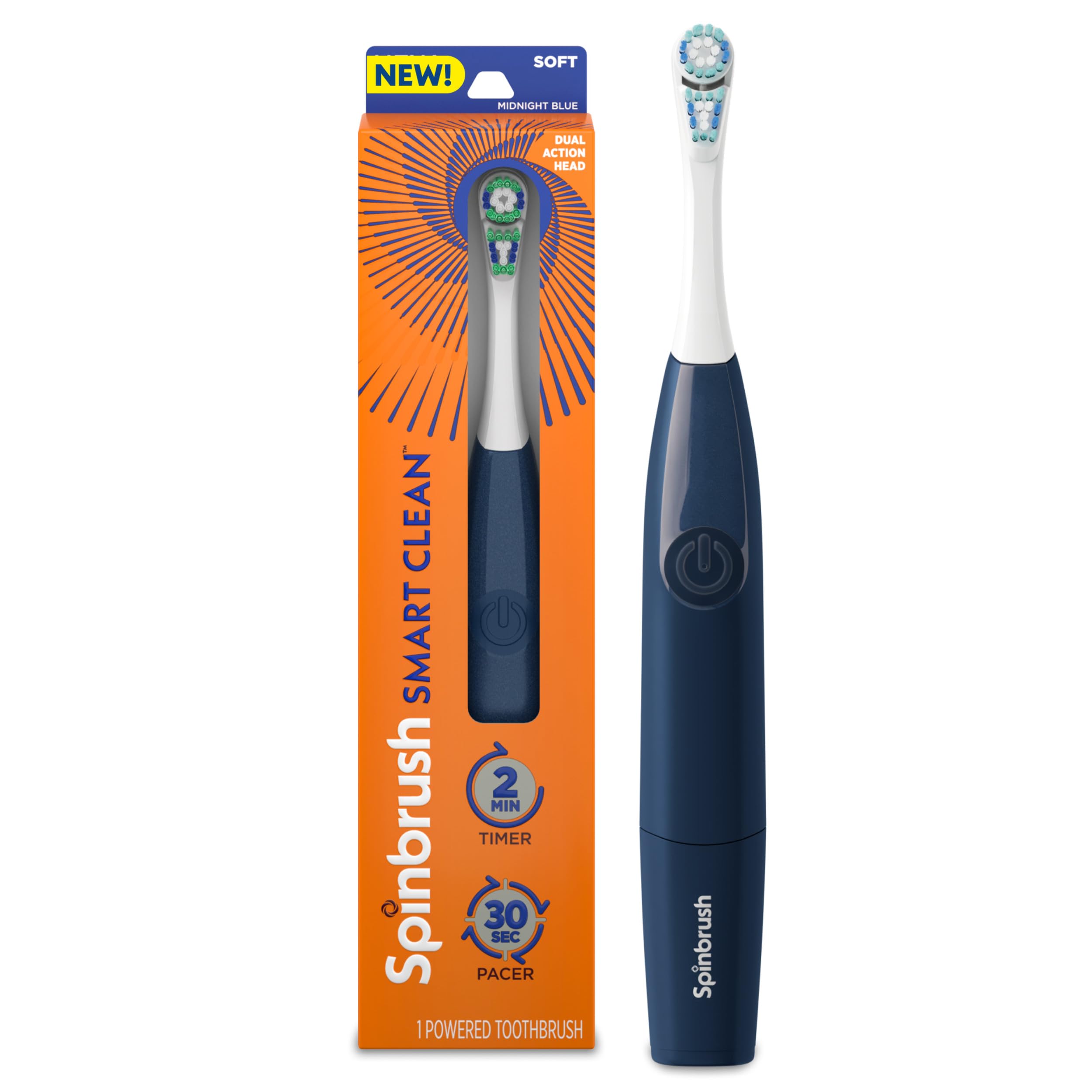 Spinbrush Smart Clean Battery Powered Electric Toothbrush for Adults with Dual Action Head, Pacer & Timer, Midnight Blue, Soft Bristles, 1 Count