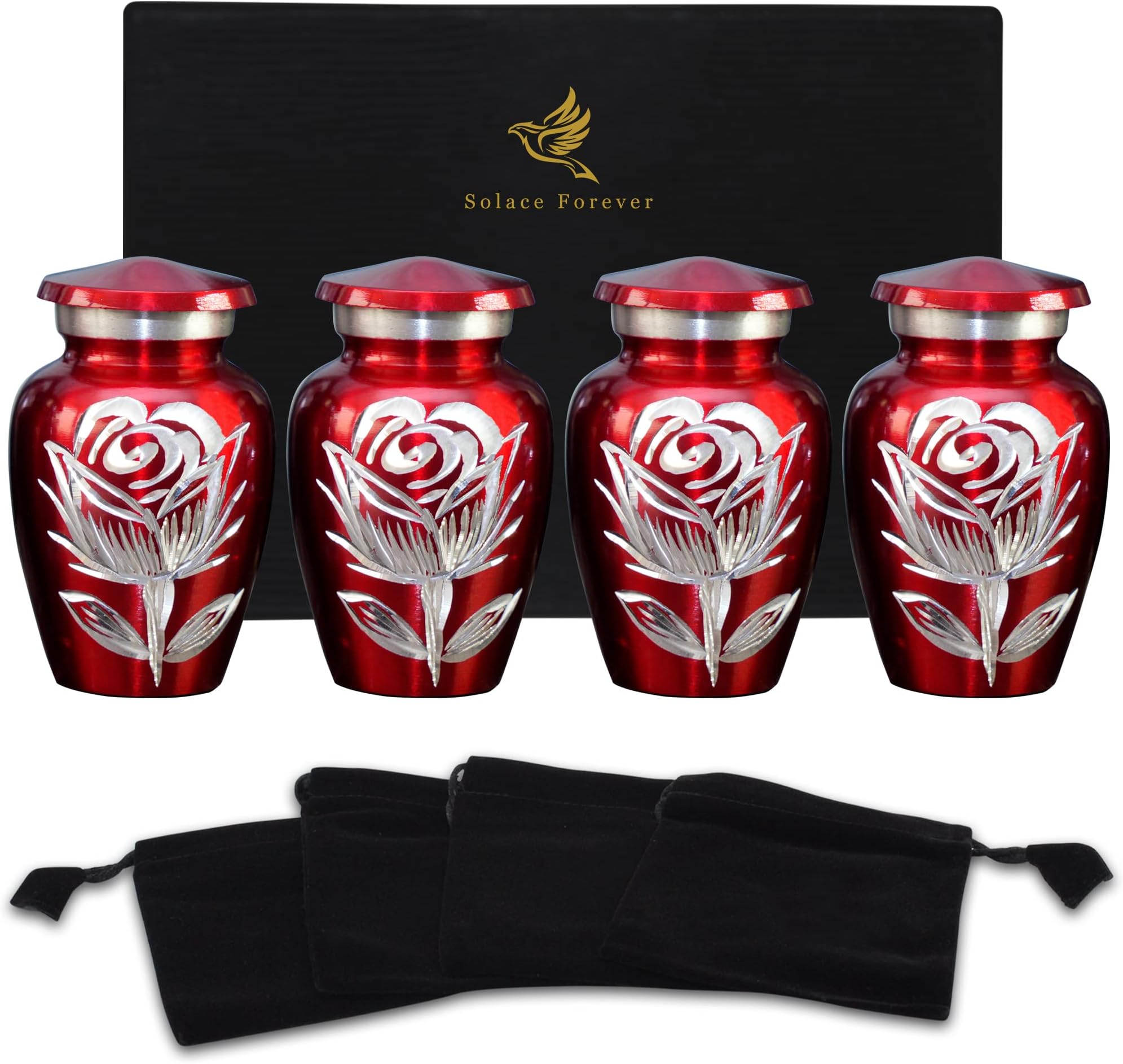 Red Rose Urns - Keepsake Urns for Human Ashes Set of 4 with Box & Bags - Handcrafted Mini Urns - Small Urns for Ashes - Honor Your Loved One with Small Cremation Urns - Red Urns for Men & Women