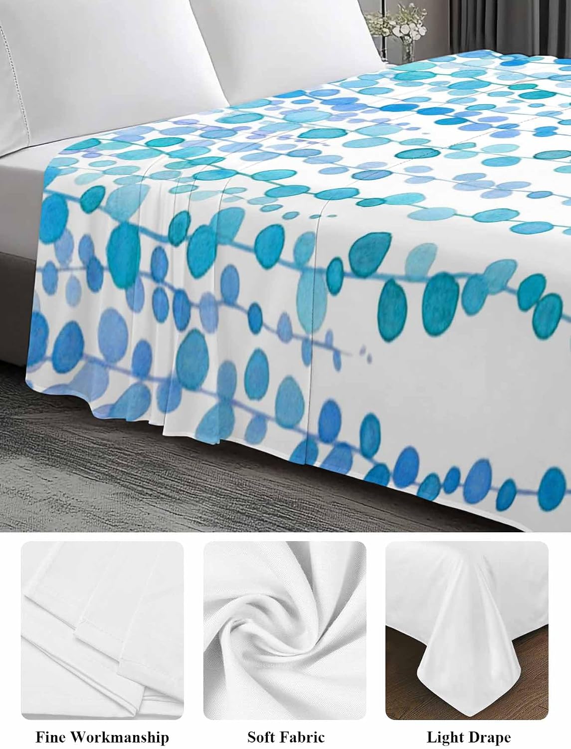 Top Sheet Full Bedding Flat Sheet Only, Watercolor Green Point Microfiber Bed Sheets Soft Breathable Bedding Flat Sheets, Abstract Plants Hotel Luxury Top Sheets