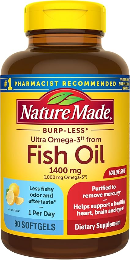 Nature Made Burp Less Ultra Omega 3 Fish Oil Supplements, 1400mg Fish Oil Omega 3 Supplements as Ethyl Esters for Healthy Heart Brain Eyes Support, One Per Day, 90 Softgels Nature Made Burp Less Ultra Omega 3 Fish Oil Supplements, 1400mg Fish Oil Omega 3 Supplements as Ethyl Esters for Healthy Heart Brain Eyes Support, One Per Day, 90 Softgels