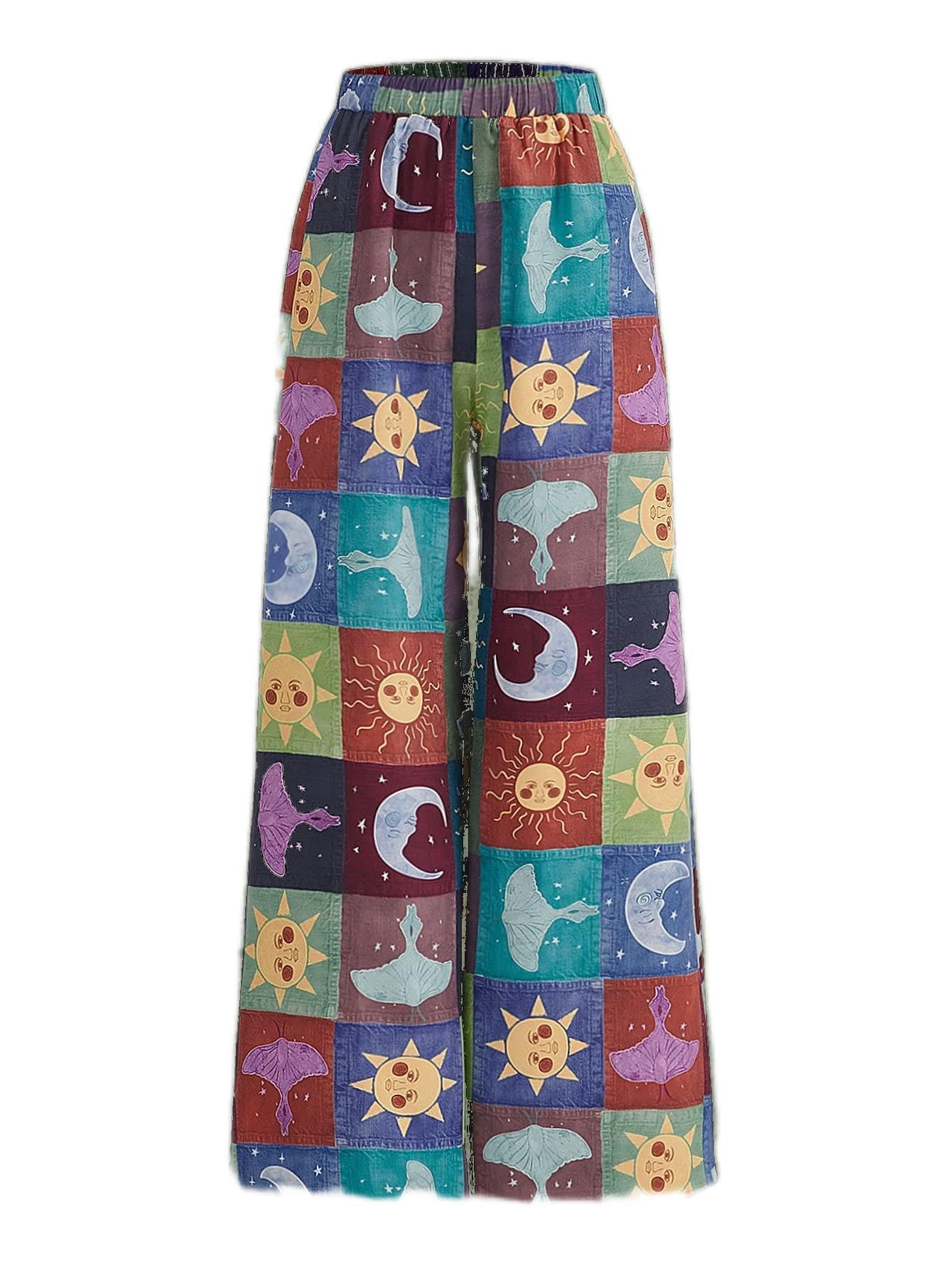 FOIVOS Womens Pants Patchwork Print Wide Leg Pants Pant for Women
