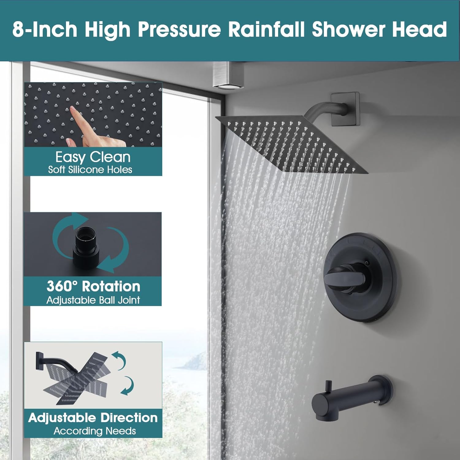 Replacement Faucet Shower Trim Kit for Delta 1300/1400 & 13/14 Series, Tub Shower Faucet Set, High Pressure 8" Square Rain Shower Head - Matte Black (Valve/Cartridge Not Included)