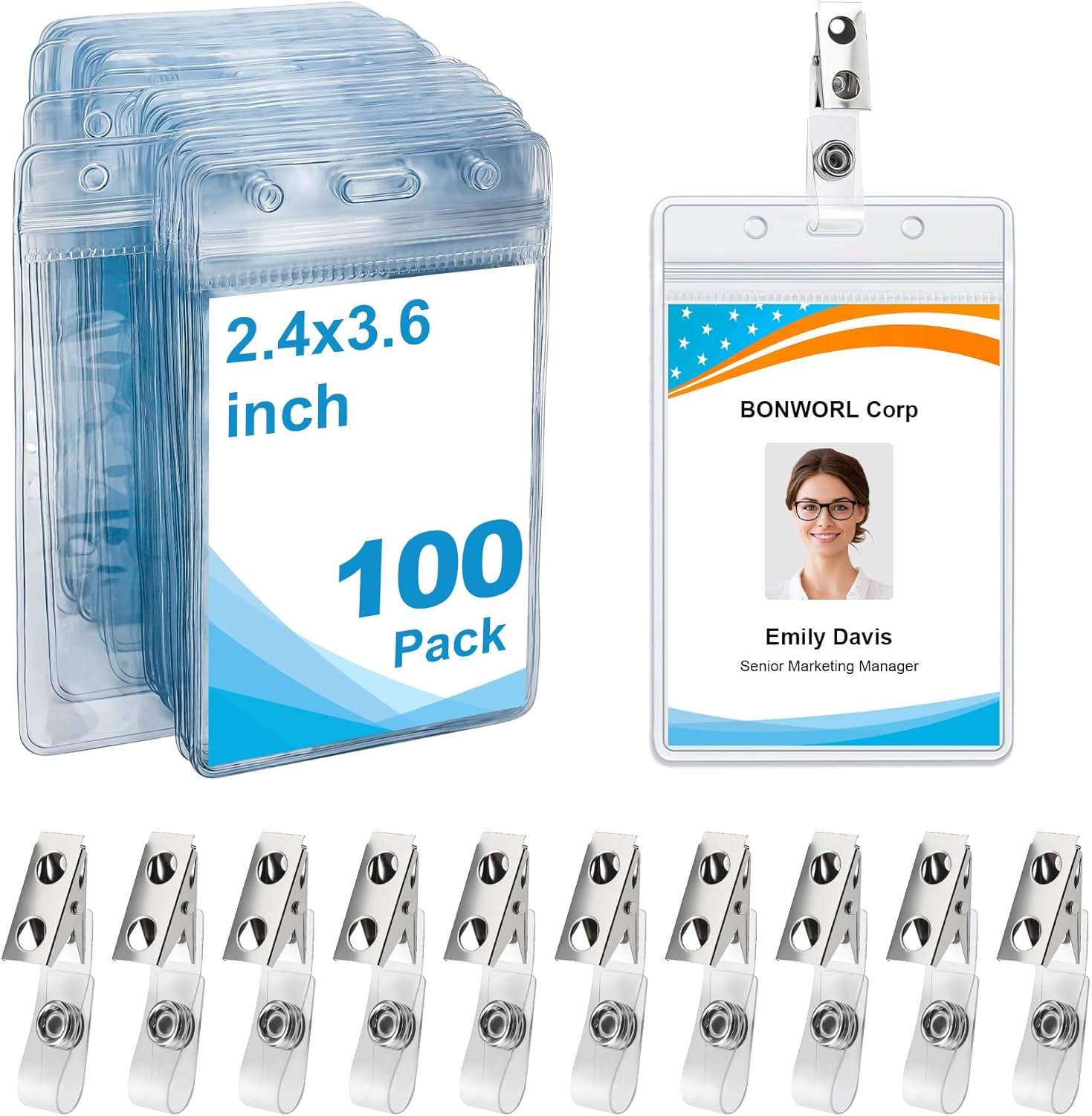 100 Pack Vertical Badge Holder with Clip, Clear PVC Waterproof ID Card Holders in Bulk, Heavy Duty Metal Clip Name Tag Holders for Office, School, Events & Exhibitions
