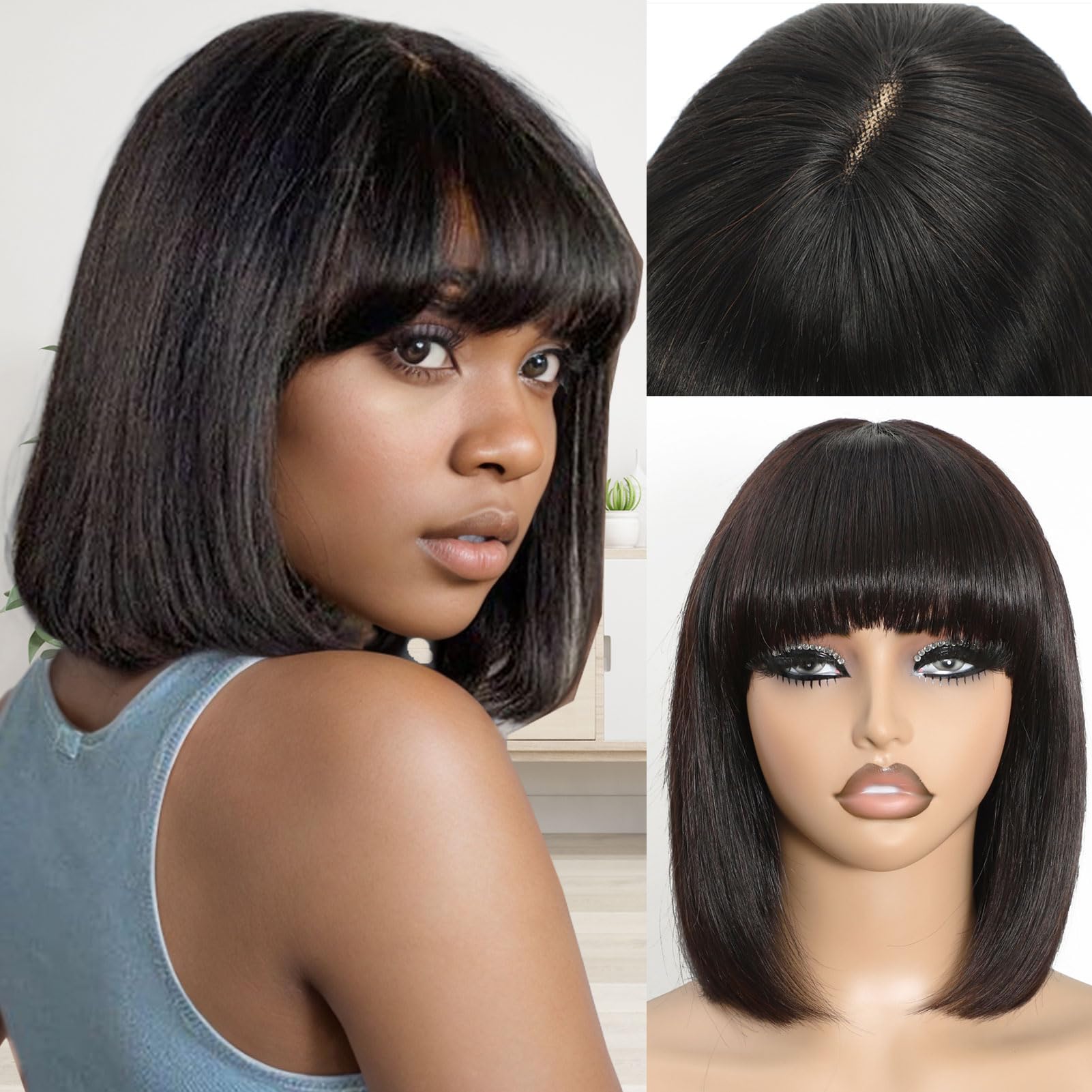Amazon.com : REMESSE Short Bob Wig with Bangs Human Hair  display picture 1