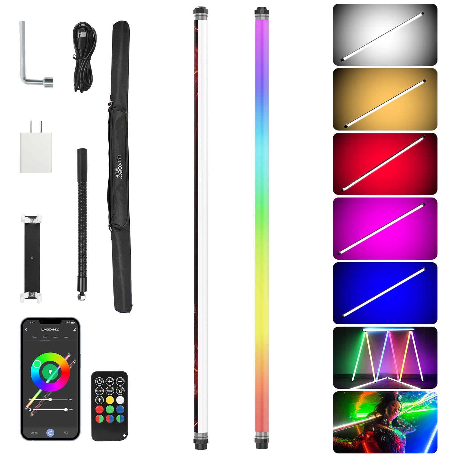 LUXCEO P120 RGBW Luce per fotografia portatile,controllo APP 1350LM 3000k-5750k Luce video a LED,12 Modalità di illuminazione,IP68 Impermeabile,Batteria Integrata 10400mAh Fotografia film video Studio