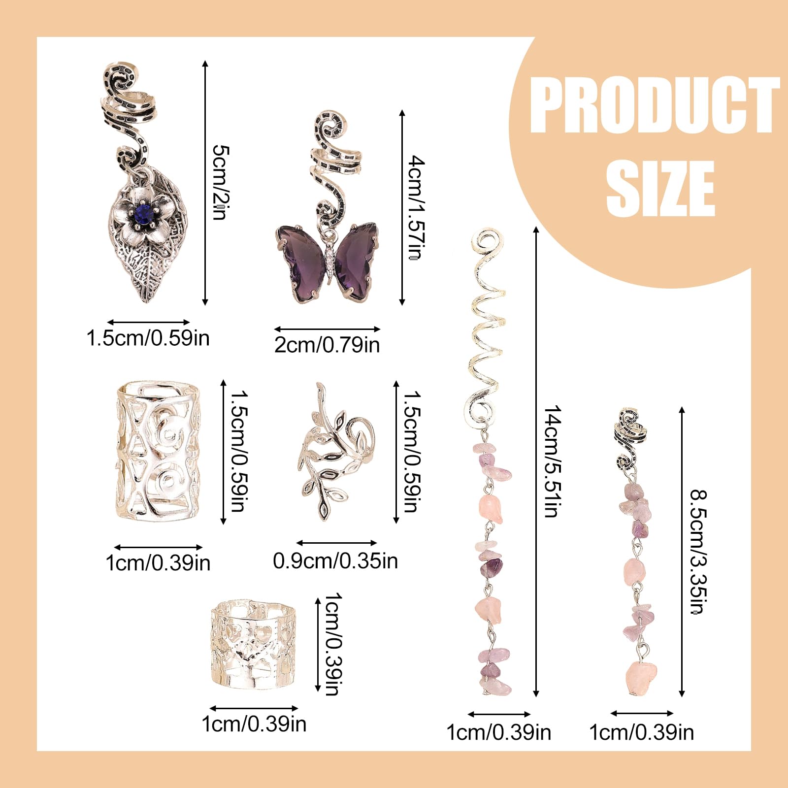 Joyeee Kit da 44PCS Perline Argento per Capelli – Tasselli di Pietra Cristallo Naturale Spirali Manicotti Filigrana Pendenti Farfalla con Strumento per Treccine Dreadlocks